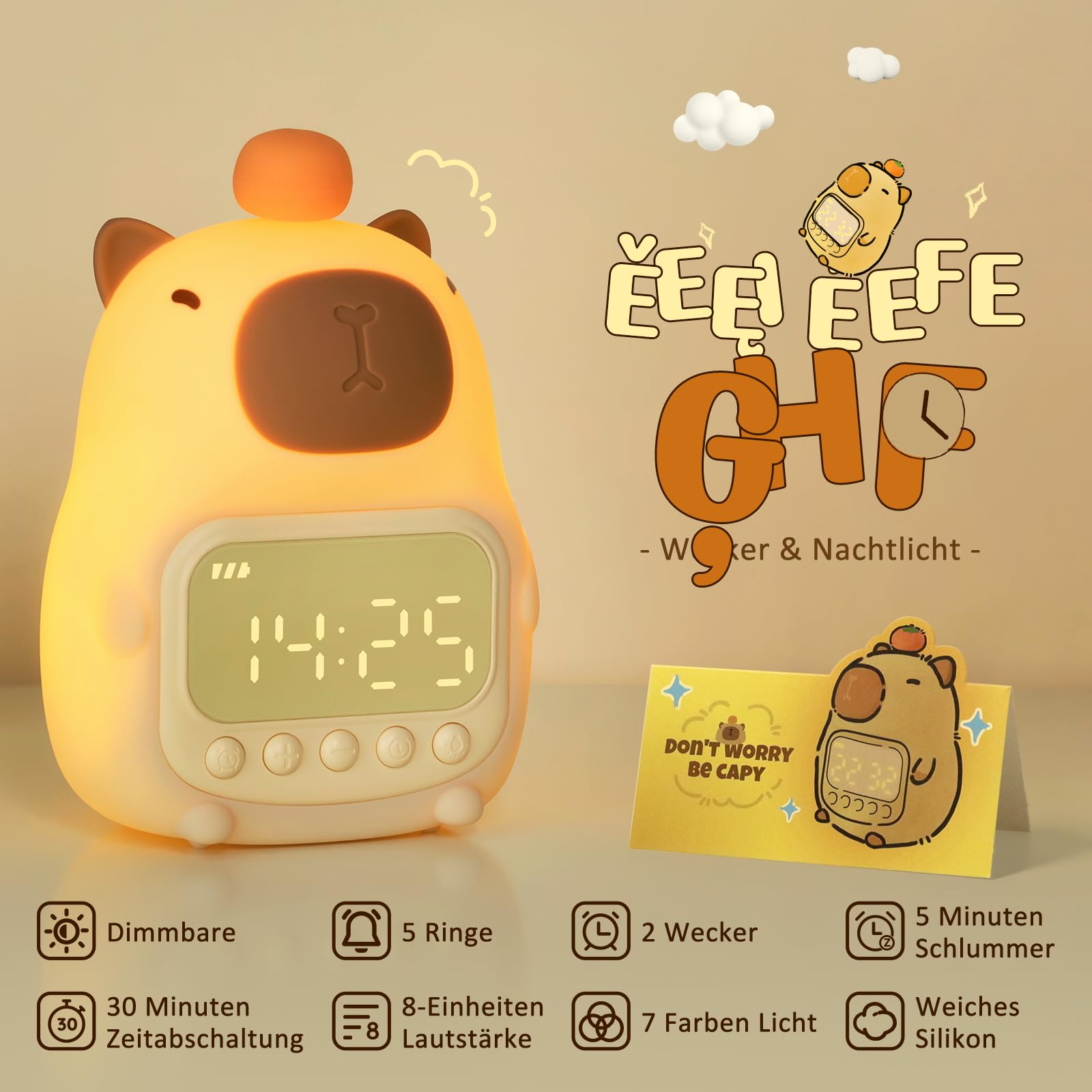 Yiliaw Capybara Wecker mit Nachtlicht für Kinder, 7 RGB-Farben Süße Wecker für Schlafzimmer, Ok to Wake Silikon Tier Tischlampe für Teenager-Mädchen und Jungen