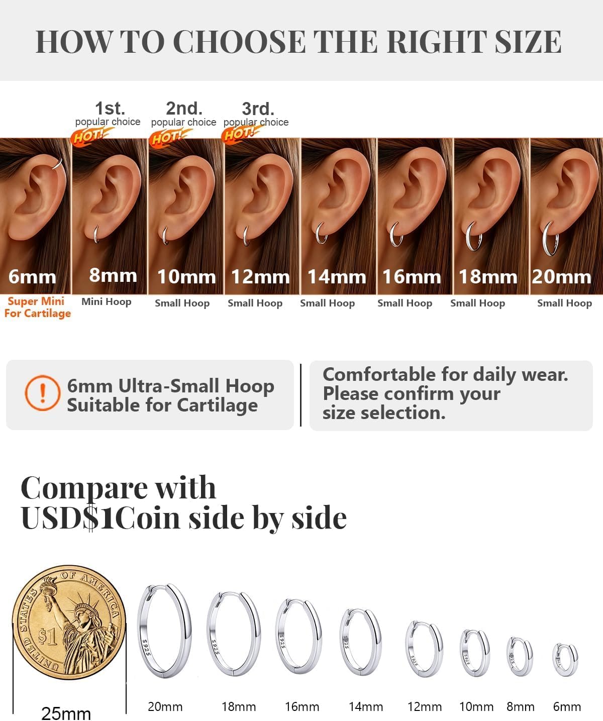Silvora 925 Sterling Silver Small Hoop Earrings for Women Huggie Earrings Hypoallergenic Cartilage Earrings Tiny Hoops 6mm/8mm/10mm/12mm/14mm/16mm/18mm/20mm - Image 4