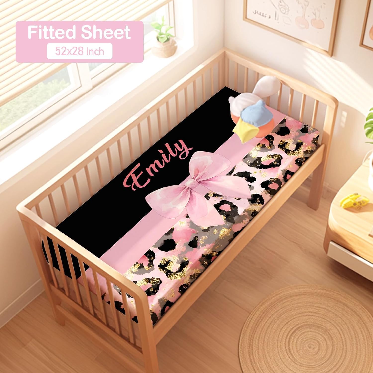 Personalized Baby Crib Bedding Set for Girls, Custom Name 3 Piece Pink Bow Nursery Bedding with Flannel Blanket, Fitted Crib Sheet & Pillowcase, Leopard Print Bedding Gift for Newborn Infant