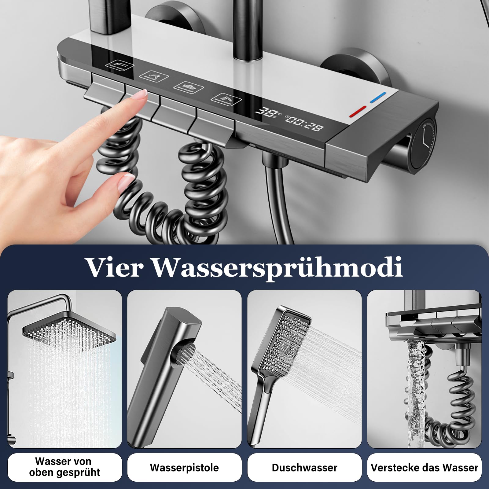 Duschkopf Set, Duschsystem mit LED, Duschbrause Regendusche 27 X 20cm, Duschkopf Handdusche, Zusatzdüse und Armatur, einstellbare Duschsäule mit Stimmungslicht, Höhe verstellbar 69-103cm