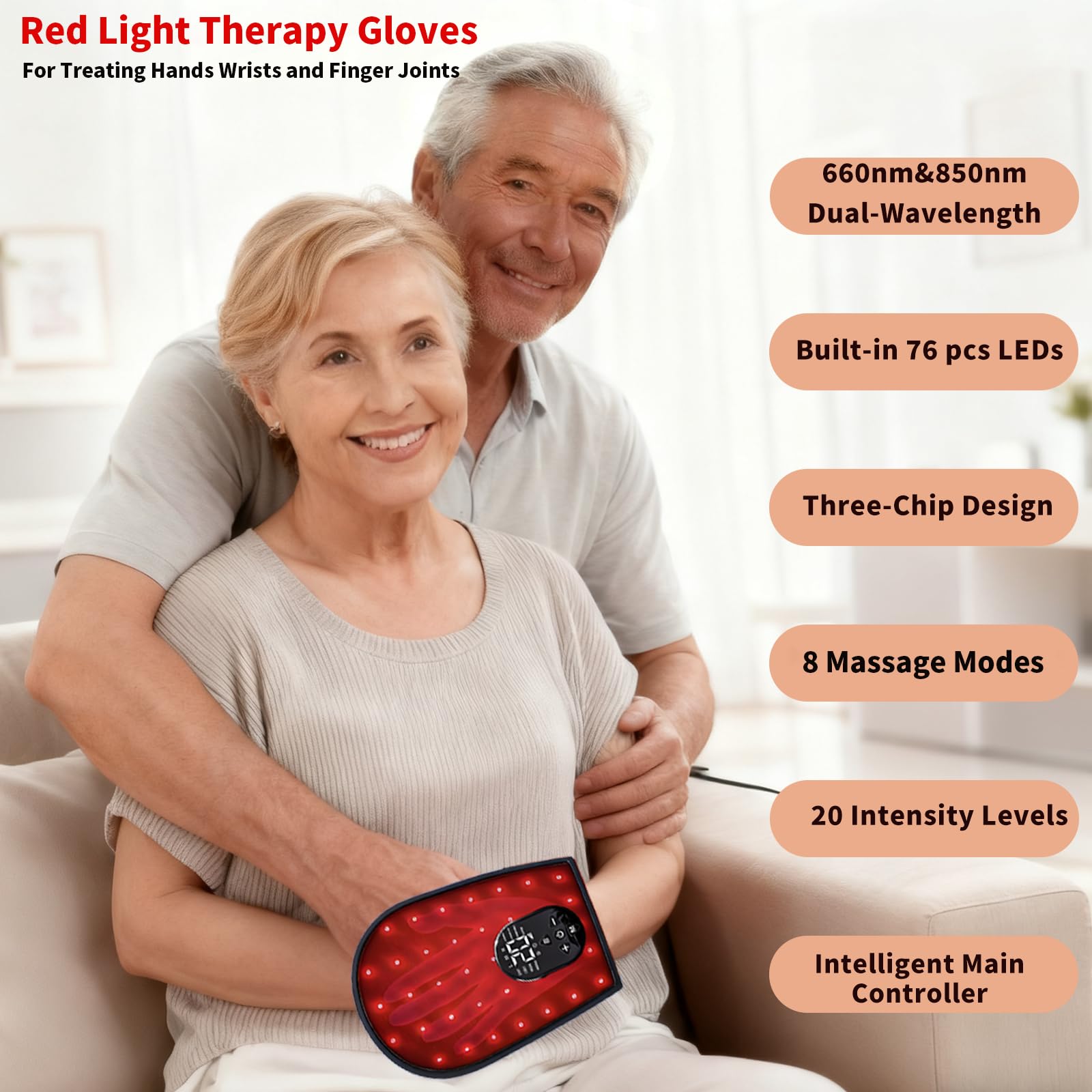 Gants de thérapie par lumière rouge pour les mains, appareil infrarouge, massage sans fil & 8 modes, 76 LEDs à lumière infrarouge proche 660nm & 850nm pour les doigts, la paume, le poignet
