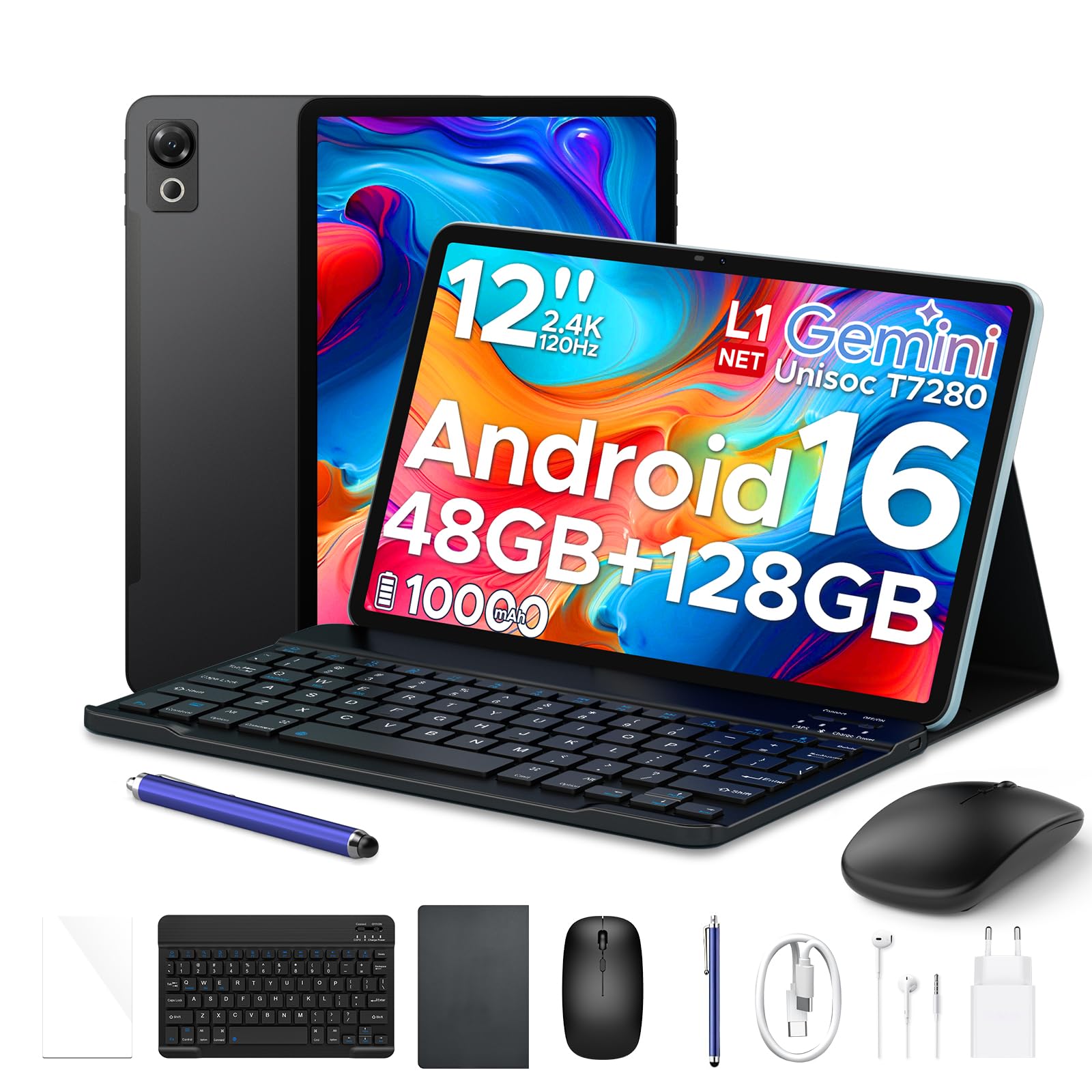 P12 Tablet 12 Pollici 2.4K Tablet Android 16,120Hz,48GB+128GB/2TB TF,Nero