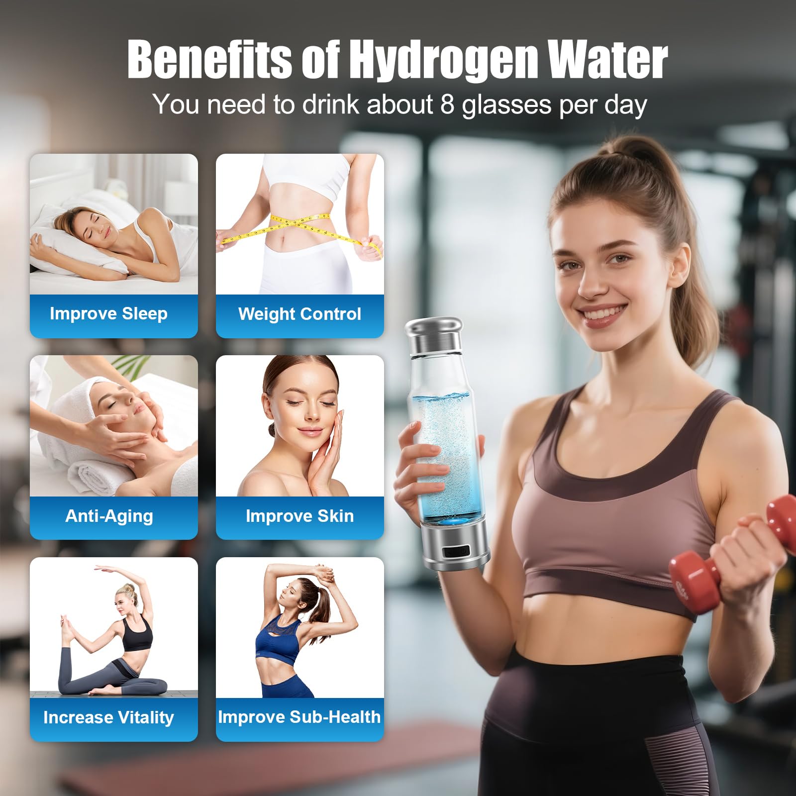 Botella de agua de hidrógeno de electrólisis de 5 minutos, 15 onzas, ionizador de agua de 1500 PPB con tecnología SPE/PEM, botella de agua de hidrógeno para mujeres/hombres/oficina/escuela