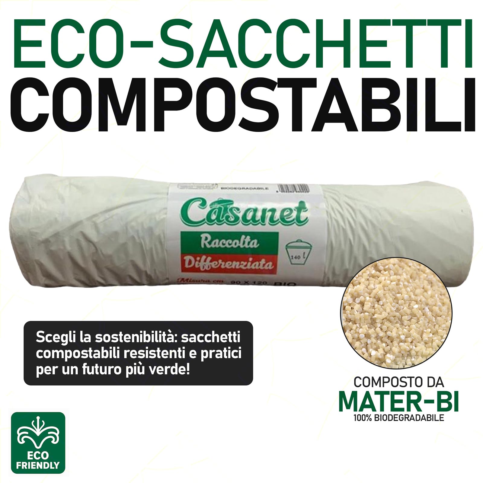 Sicignano 100 Sacchetti Immondizia 140 Litri 90x120 cm Ecologici Biodegradabili, Compostabili, in Mater-B, Sacchi Spazzatura Umido Indifferenziata Rifiuti Organici