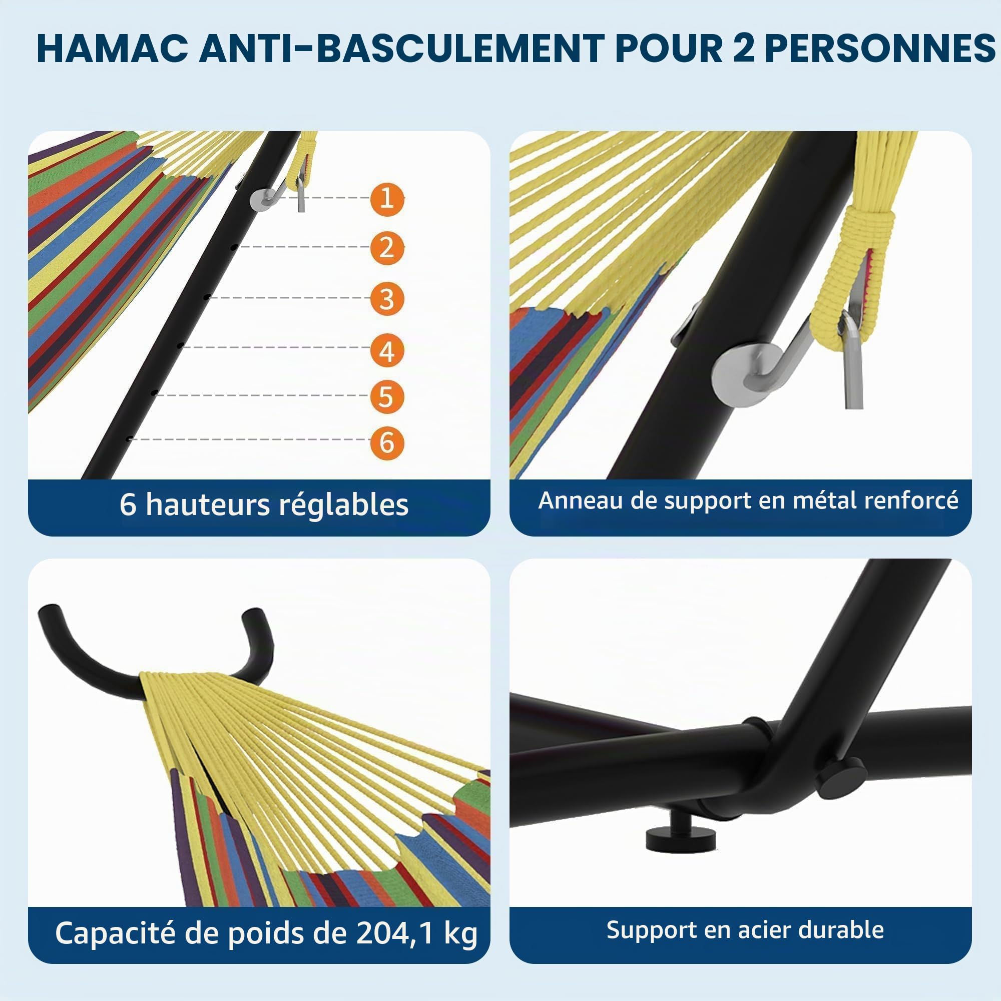 Hamac sur Pied avec Support en Fer, Tolle Hamac à Suspendre avec Support Charge 160 kg, Hamac Extérieur avec Sac de Transport Facile à Monter pour Jardin, Balcon, Voyage, Camping, 273 x 109 cm