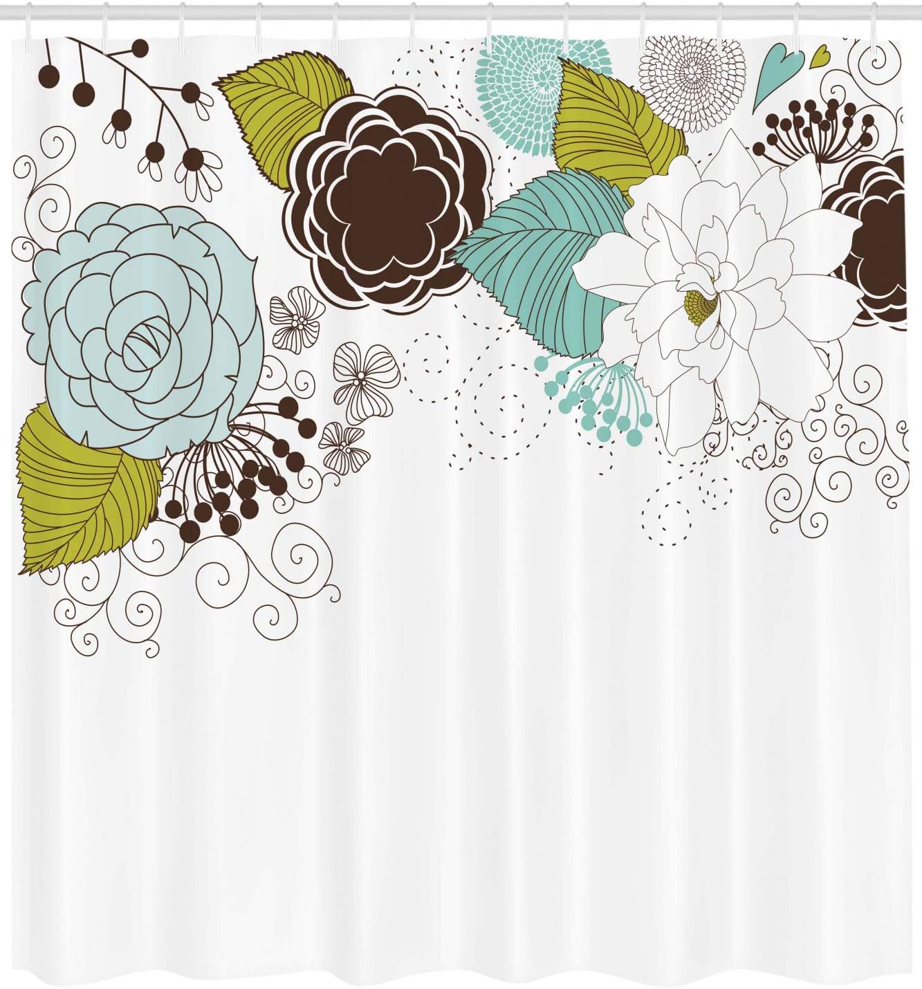 Ambesonne Spring Shower Curtain, Ornamental Florets Blooms Romantic with Leaves Beauty Design, Cloth Fabric Bathroom Decor Set with Hooks, 69" W x 84" L, Apple Green