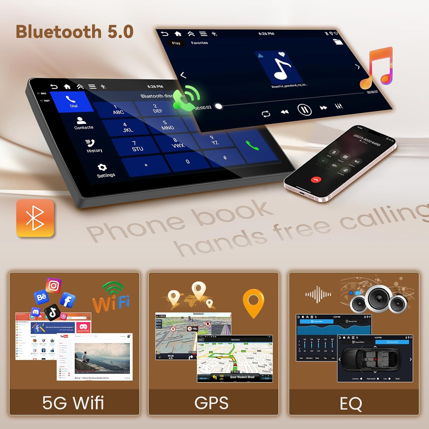 Collage of features including Bluetooth 5.0 for hands-free calling and music, 5G WiFi connectivity, GPS navigation, and a graphic representation of the equalizer settings.