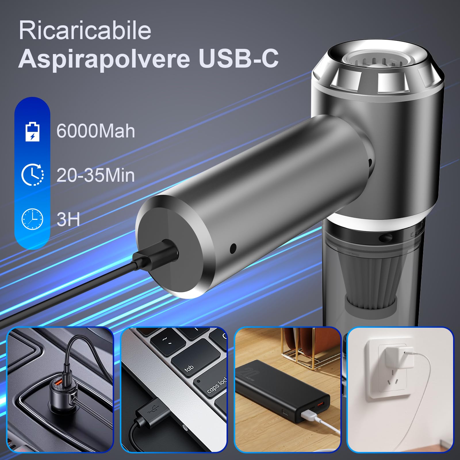 Kedifoai Aspirabriciole Senza Fili, 26000Pa 4 in 1 Aspirapolvere Auto Portatile,Aspiratore e Soffiatore con Motore Brushless,USB C Mini Aspirapolvere Potente per Auto Casa Ufficio Peli di Domestici