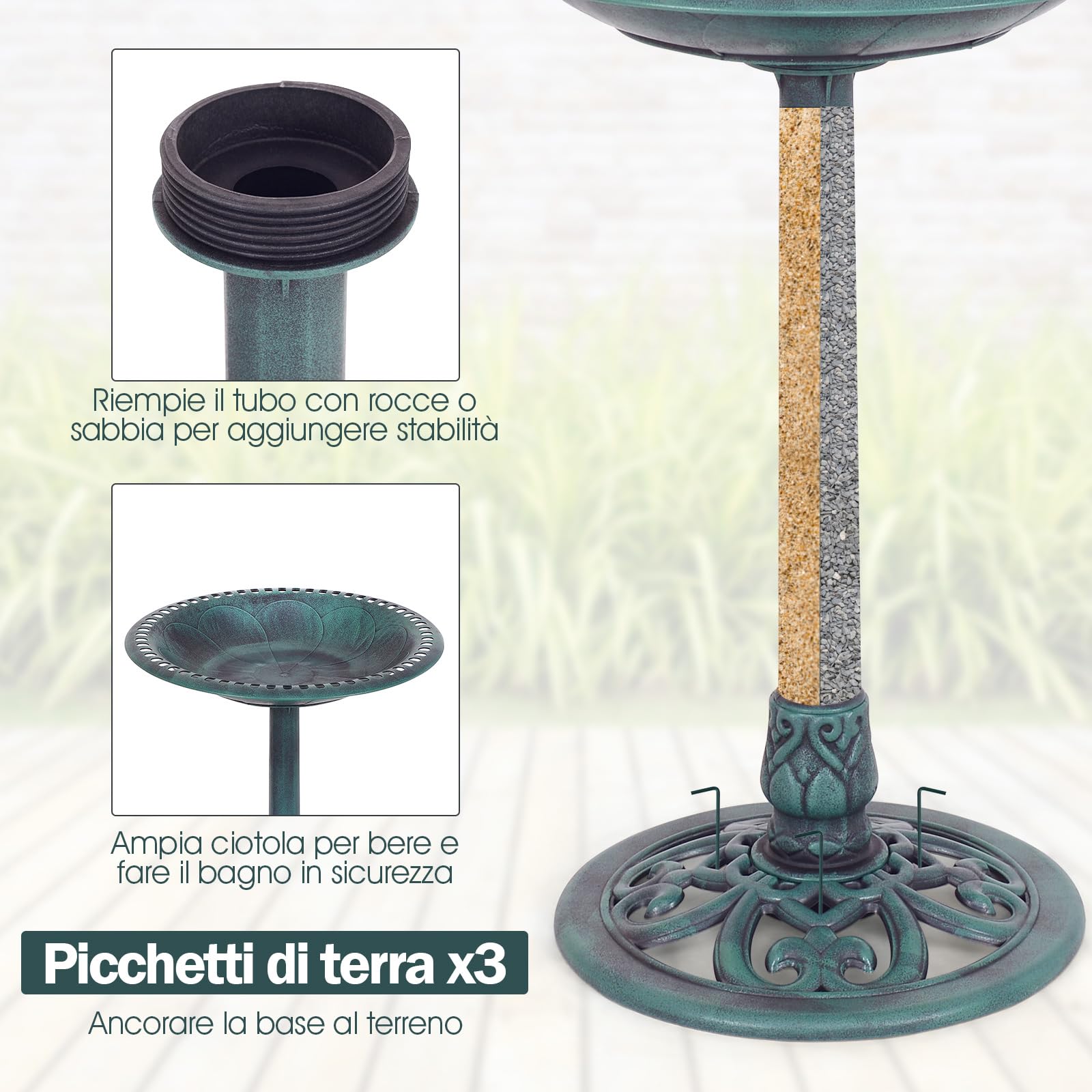 COSTWAY Mangiatoia per Uccelli, Vasca per Uccelli Autoportante da Esterno con Supporto, Stazione di Alimentazione per Uccelli per Balcone Giardino Cortile Patio (Verde)
