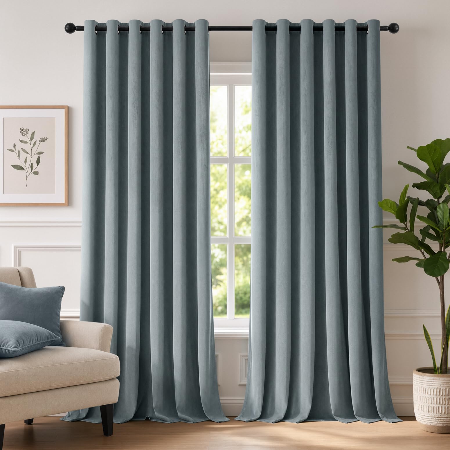 TOPICK Soft Thermal Velvet Curtains Living Room Bedroom, Dusty Blue W90xL90