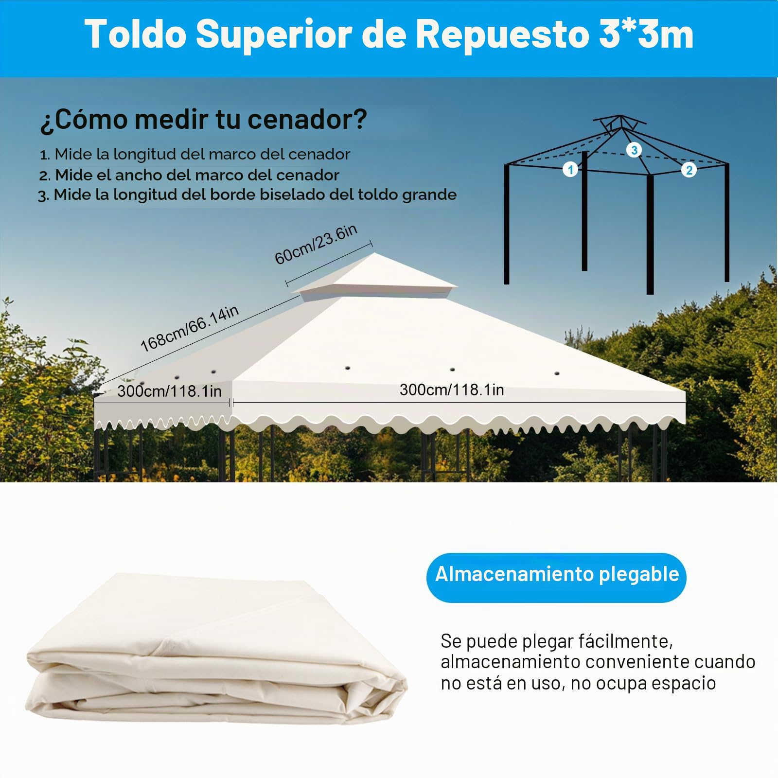 Toldo de Recambio para Pérgola 3x3 m, Techo Repuesto para Cenador de Jardín con Ventilación, Cubierta Impermeable de 2 Niveles en Poliéster 300D, Protección UV para Exteriores