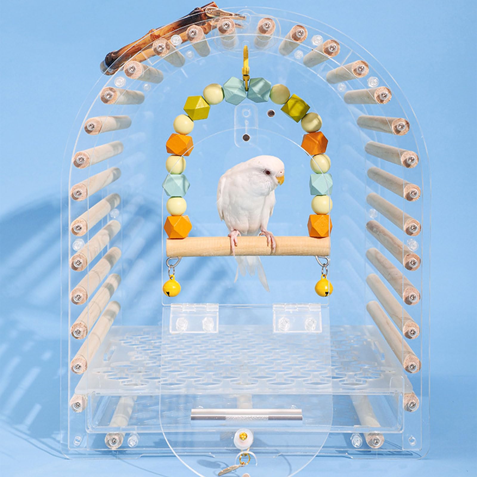 Jaula de viaje para loros de acrílico transparente para pájaros de agapornis, nido portátil con escalera y bandeja para pájaros de viaje al aire libre con asa