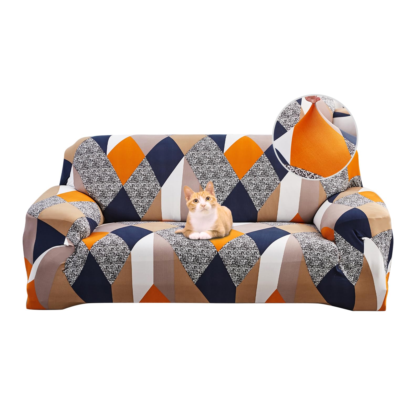 Jaotto Funda para Sofa 2 Plazas Funda Cubre Sofa Ajustable Fundas de Sofá Elasticas Extraíbles Lavables Antideslizante Protector Cubiertas de Sofá con Brazos de Sala de Estar,Geometría Naranja