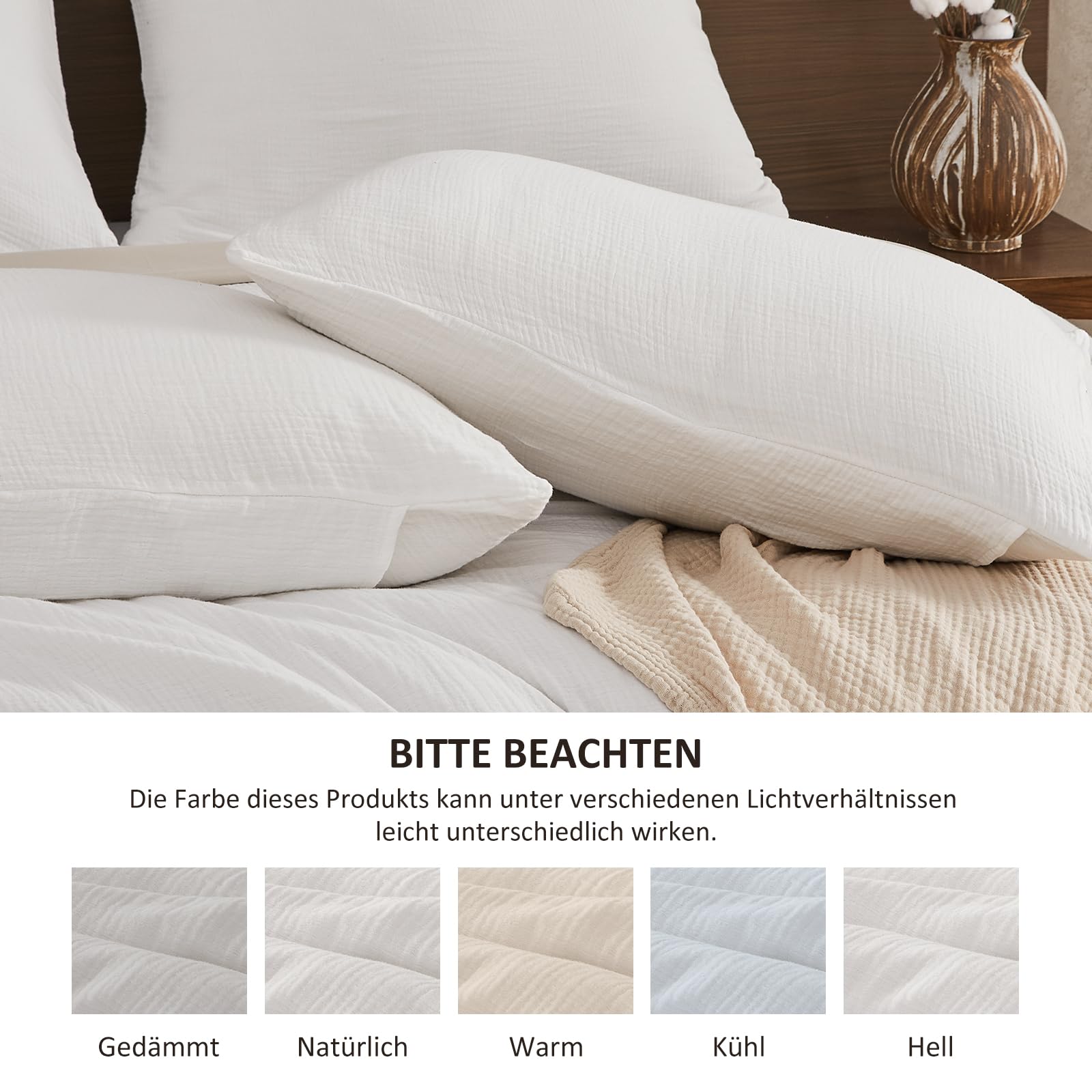EMME Biancheria da letto estiva in mussola, 100% cotone, copripiumino 135 x 200 cm + federa 80 x 80 cm, colore: bianco Oeko-TEX