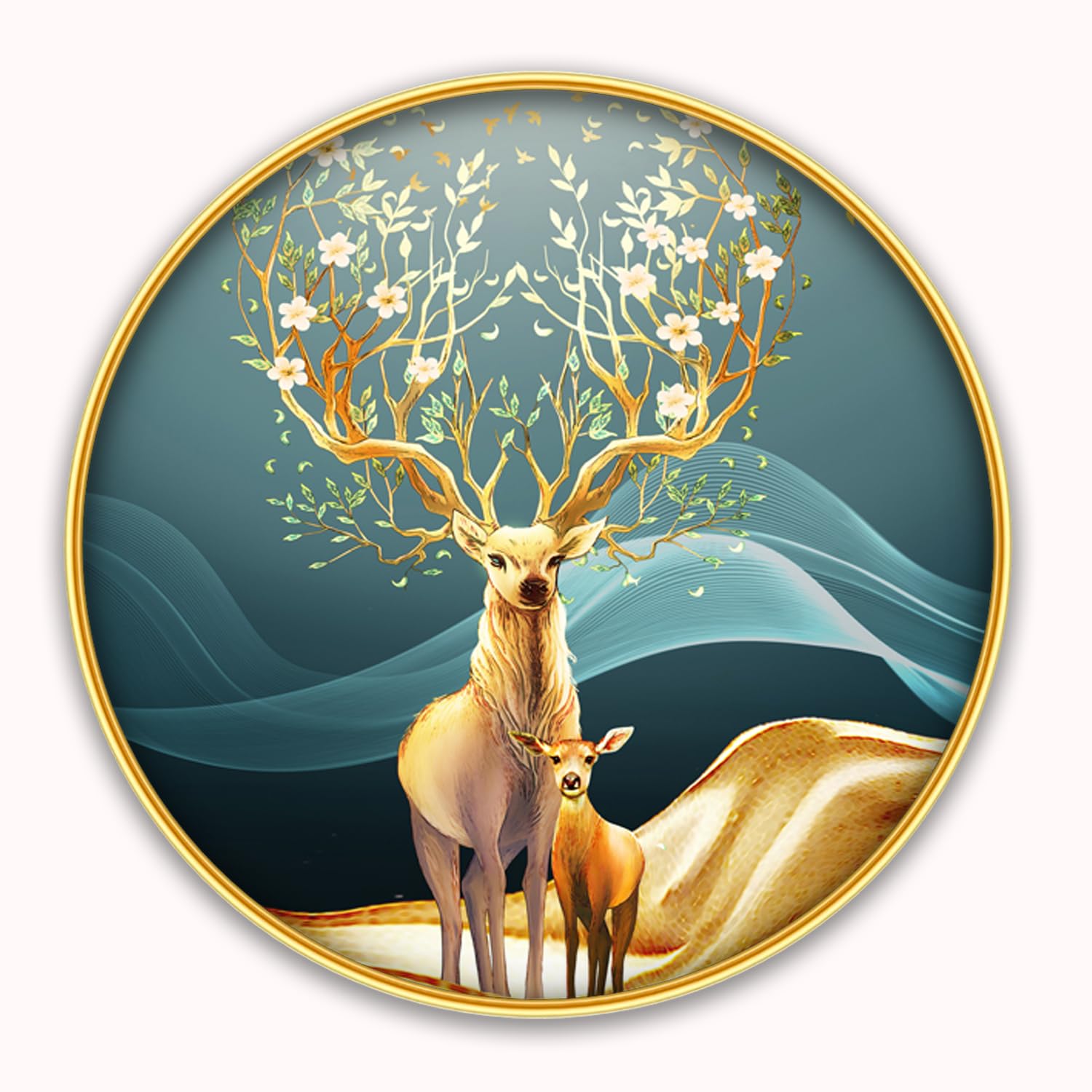 Dharvika Innovations Deer 3D Scenery photo frame for wall decoration, paintings for living room, round golden slim frame with premium sparkle lamination 3D 10218 (12×12 Inch) (Without Glass)-image-36