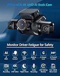 HUPEJOS Dash Cam à l'intérieur avant et arrière, libre 128G Carte incluse, 4 Chaîne 360° Affichage de la caméra Dash 4K 2160P/UHD, AI Moniteur de conduite de fatigue, 5G WiFi GPS, 8 IR Lampes Vision nocturne, 24H Mode de stationnement(V8PRO)