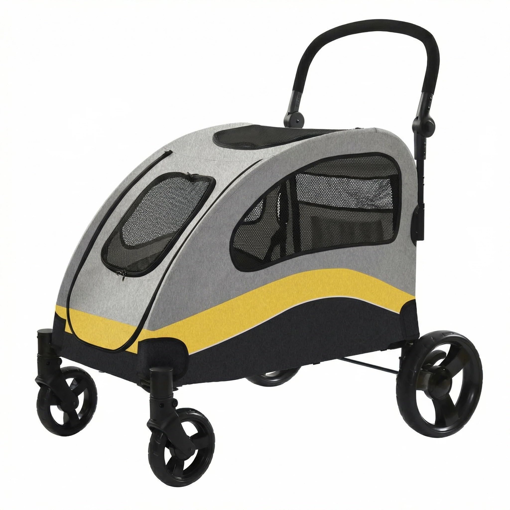 Garvee Poussette robuste pour grand chien jusqu'à 72 kg – Chariot tout-terrain pliable, roues 360°, double entrée, maille respirante, poignée réglable, rangement facile à laver – Jaune, 90×73×108cm