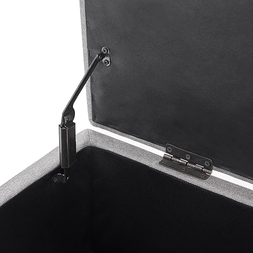 Miniatura 10 de HUIMO Banco otomano de almacenamiento de 51 pulgadas con bandeja extraíble, tela de mezcla de lino y algodón, botones acolchados, bisagra de Bandeja