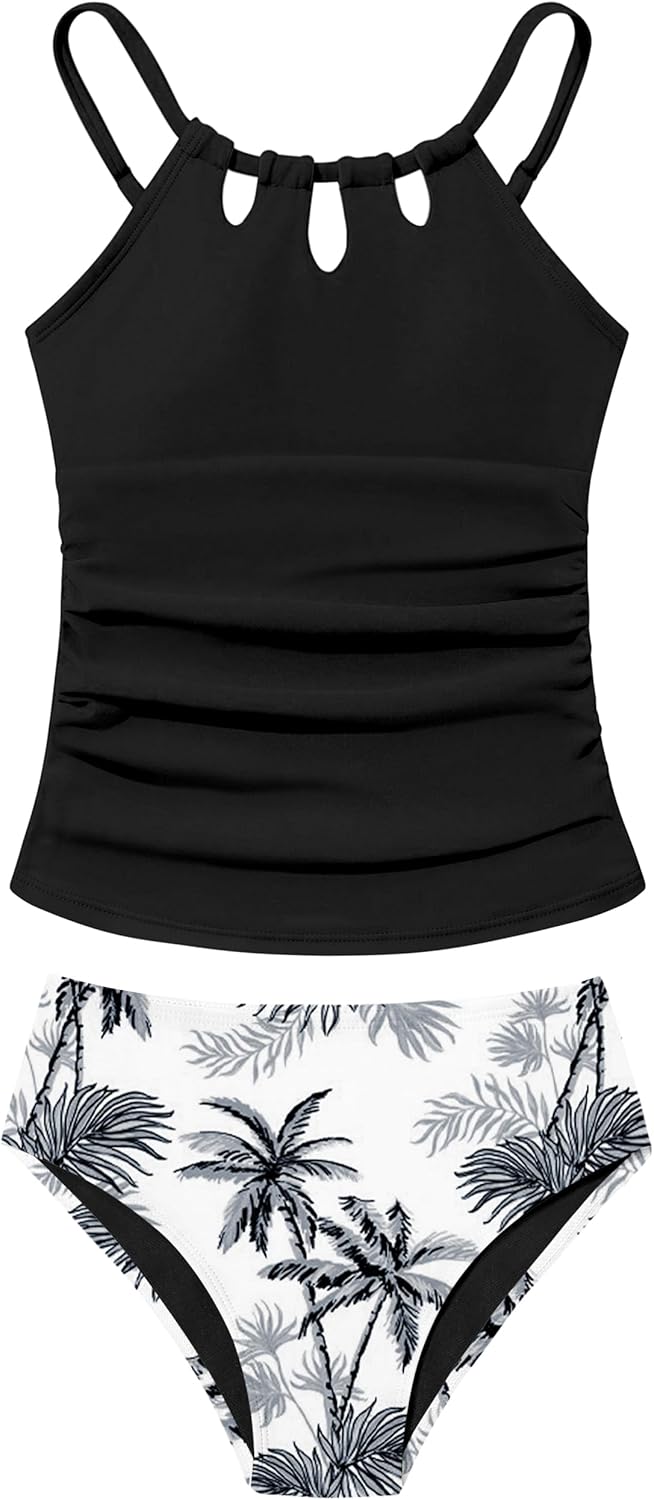 Girls Swimsuit Cutout Bathing Suit Cute Two Piece Swimsuits for Teen Girls Modest Swimwear High Waisted Tankini 9-18y Black 11-12 Years