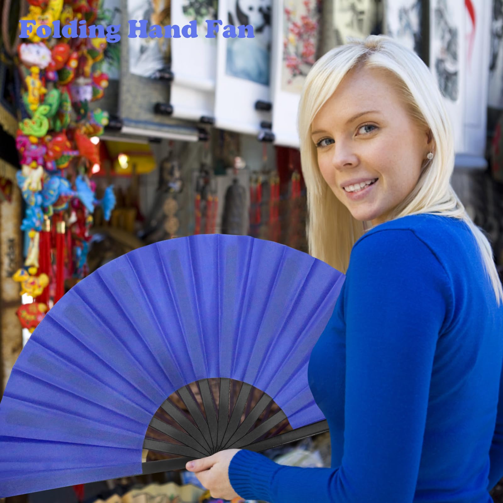 Abanico de mano plegable HINGTAI para baile, claqué, estilo clásico, tela china, varillas de bambú, azul