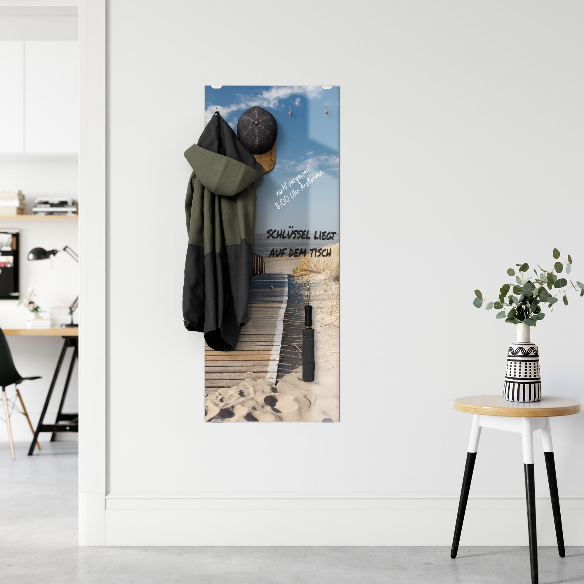 DEQORI Wieszak na ubrania ze szkła z nadrukiem motywu, wzór pionowy, 50 x 125 cm, motyw wschodu plaży nad morzem, szkło bezpieczne ESG z 7 haczykami, możliwość zapisywania i łatwe w montażu – łatwe w