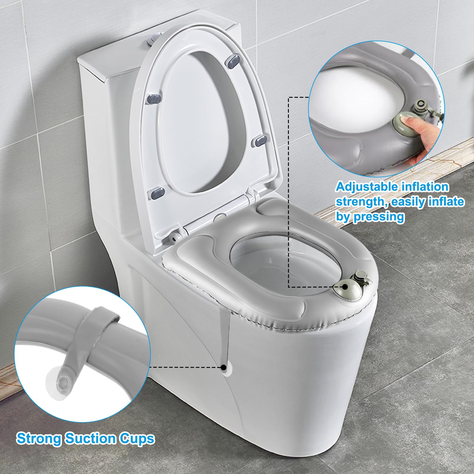 Aufblasbares Toilettensitzkissen mit Saugnapf Toilettensitzbezug, Höhenverstellbarer Toilettensitzerhöhung Sitzring, PVC-Pad Toilettenstützkissen für Erwachsene, Senioren, Behinderte, Schmerzlinderung