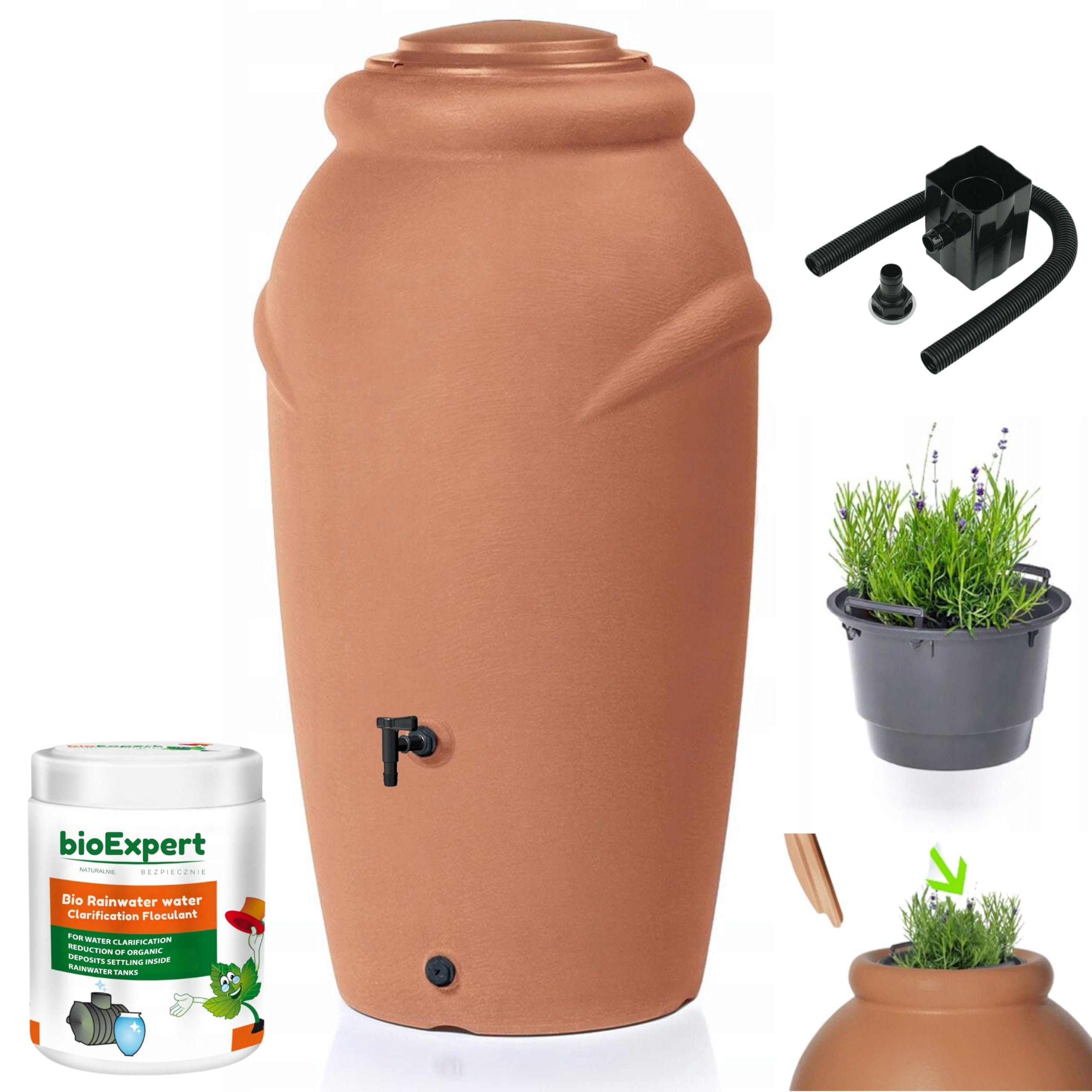 Water Butt with Tap Kit 210L - Rainwater Collector with Tap, Diverter And Bio Cleaner - Decorative Terracotta Water Tank Amphora-Shaped for Gardens, Terraces - Collect and Promote Plant Growth