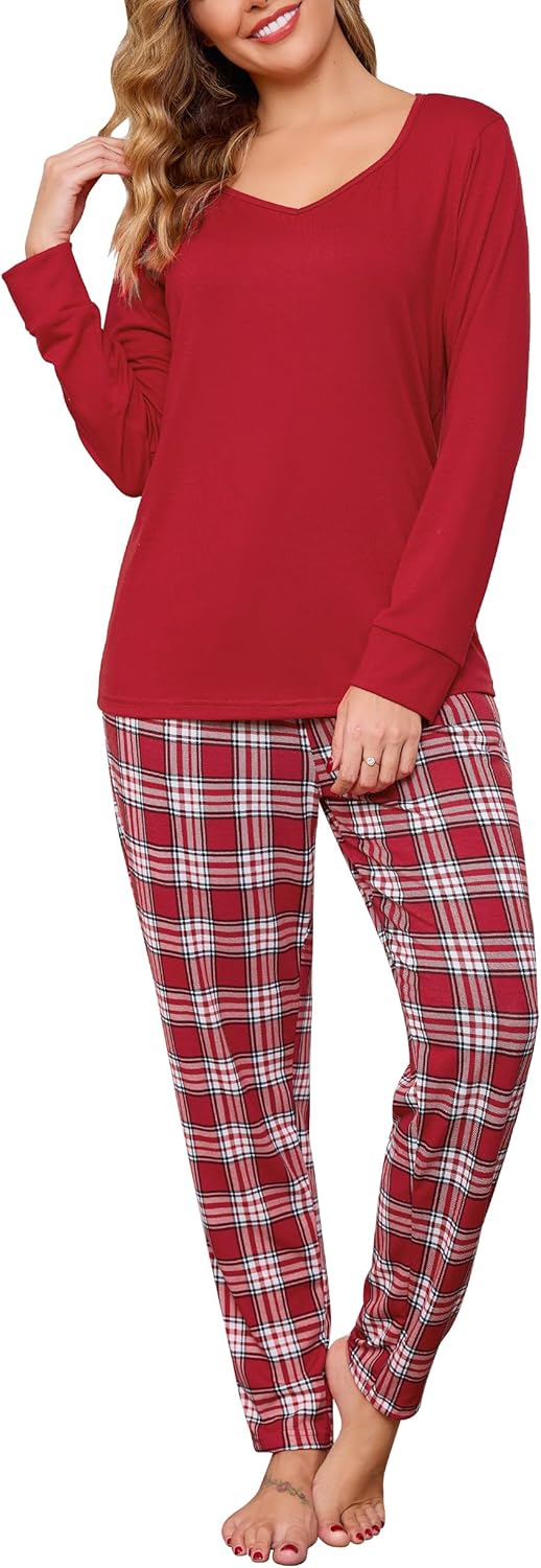 Pyjama Femme Ete Pyjama Femme Hiver Vlazom - Ensemble 2 Pièces Manches Longues à Carreaux - Col V - Matière Douce Rayon Et Polyester Vêtement Nuit Confortable