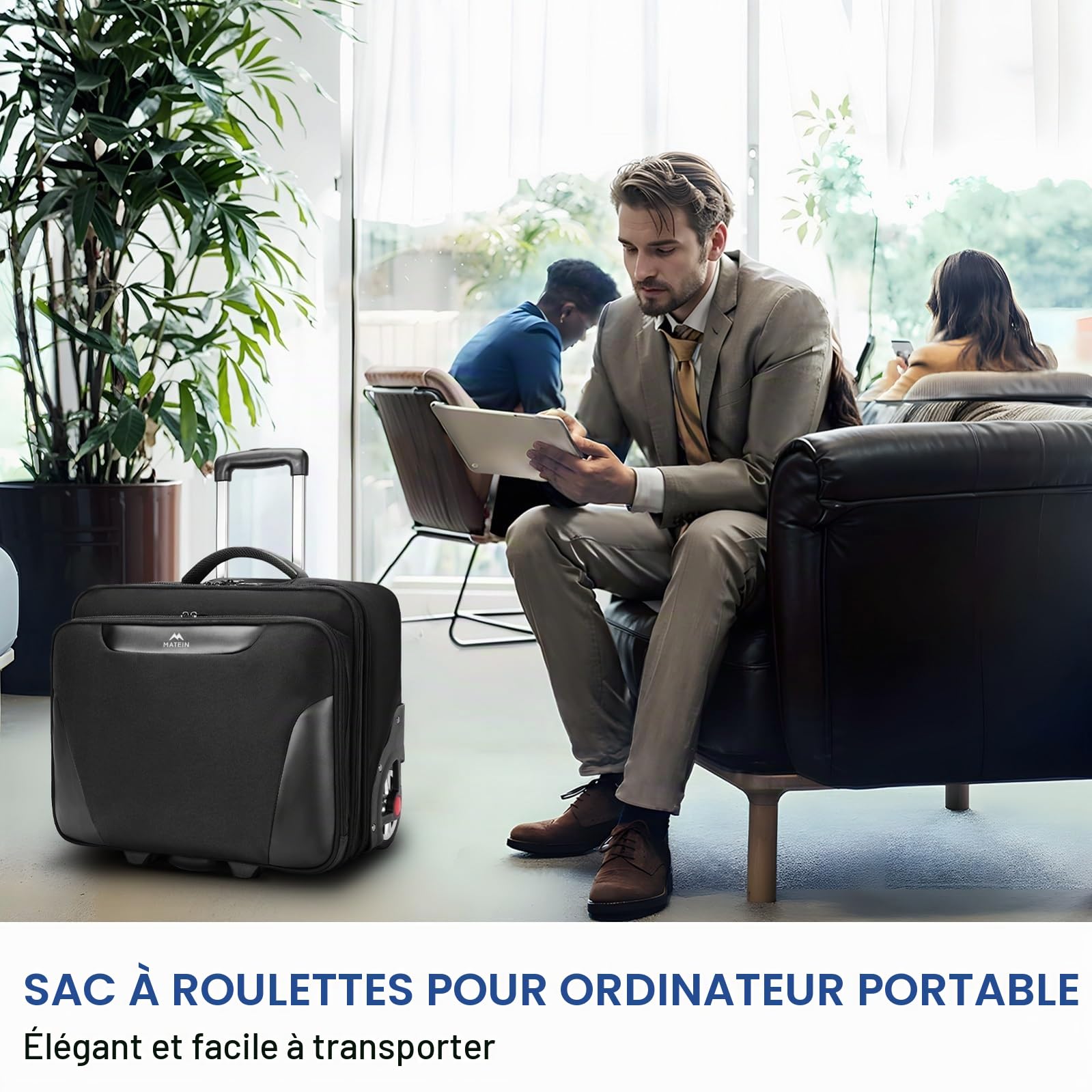 MATEIN Sacoche à Roulettes pour Ordinateur Portable 17,3 Pouces, Trolley Ordinateur Professionnel avec Grand Roues, Sac Roulettes 3 Cubes Rangement Étanche pour Homme Enseignants Voyage Affaires, Noir