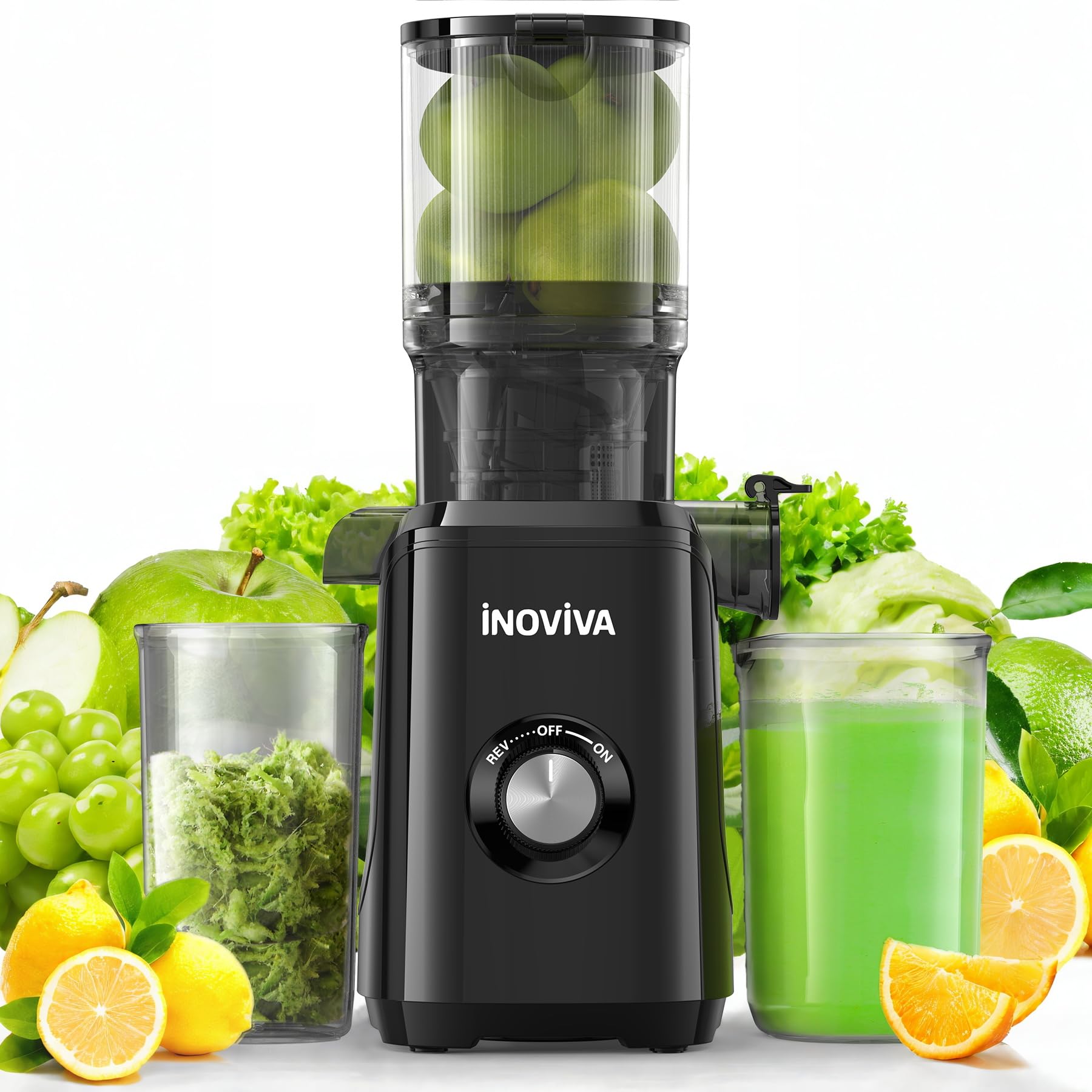 Juicer Machines, INOVIVA Cold Press Juicer with 4.35" Large Feed Chute Fit Whole Fruits & Vegetables, Masticating Juicer Self Feeding Effortless for Batch Juicing, High Juice Yield, Easy to Clean