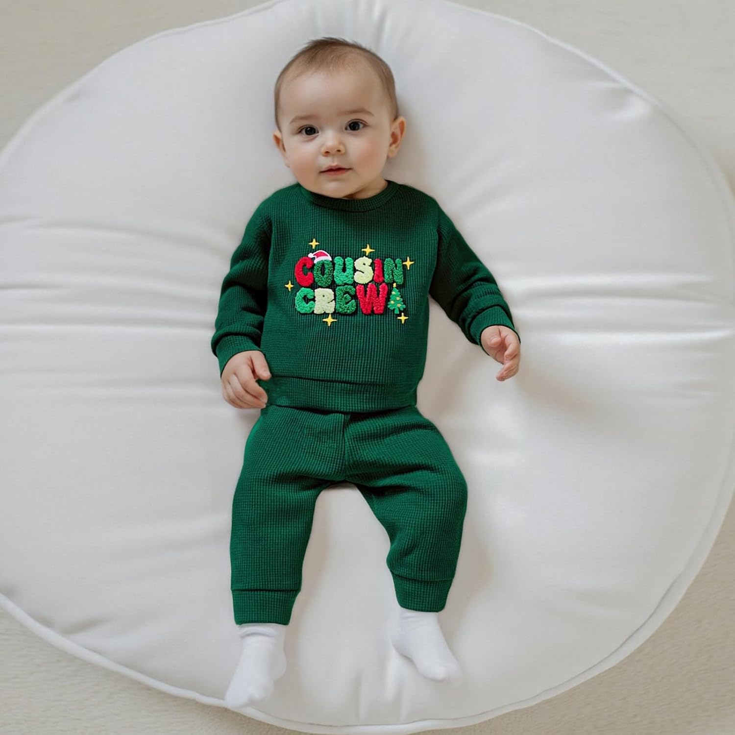 Karuedoo Toddler Baby Boy Christmas Outfit Cousin Crew Embroidery Waffle Knit Long Sleeve Sweatshirt and Pants Set - Image 2