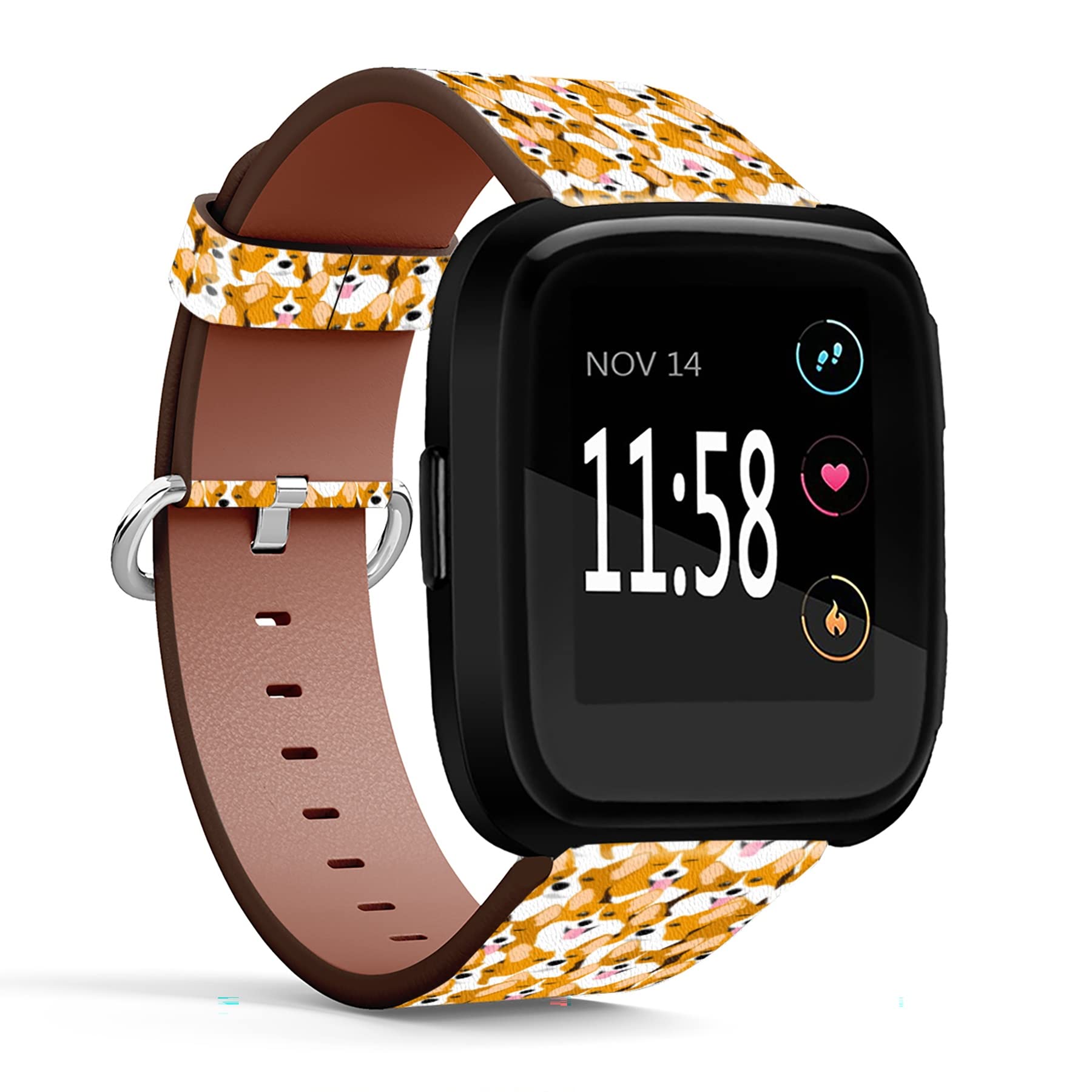 MINGDAO Compatible with Fitbit Versa 2 / Versa / Versa Lite / Versa SE Patterned Leather Replacement Band , Dog Corgi Breed Illustration