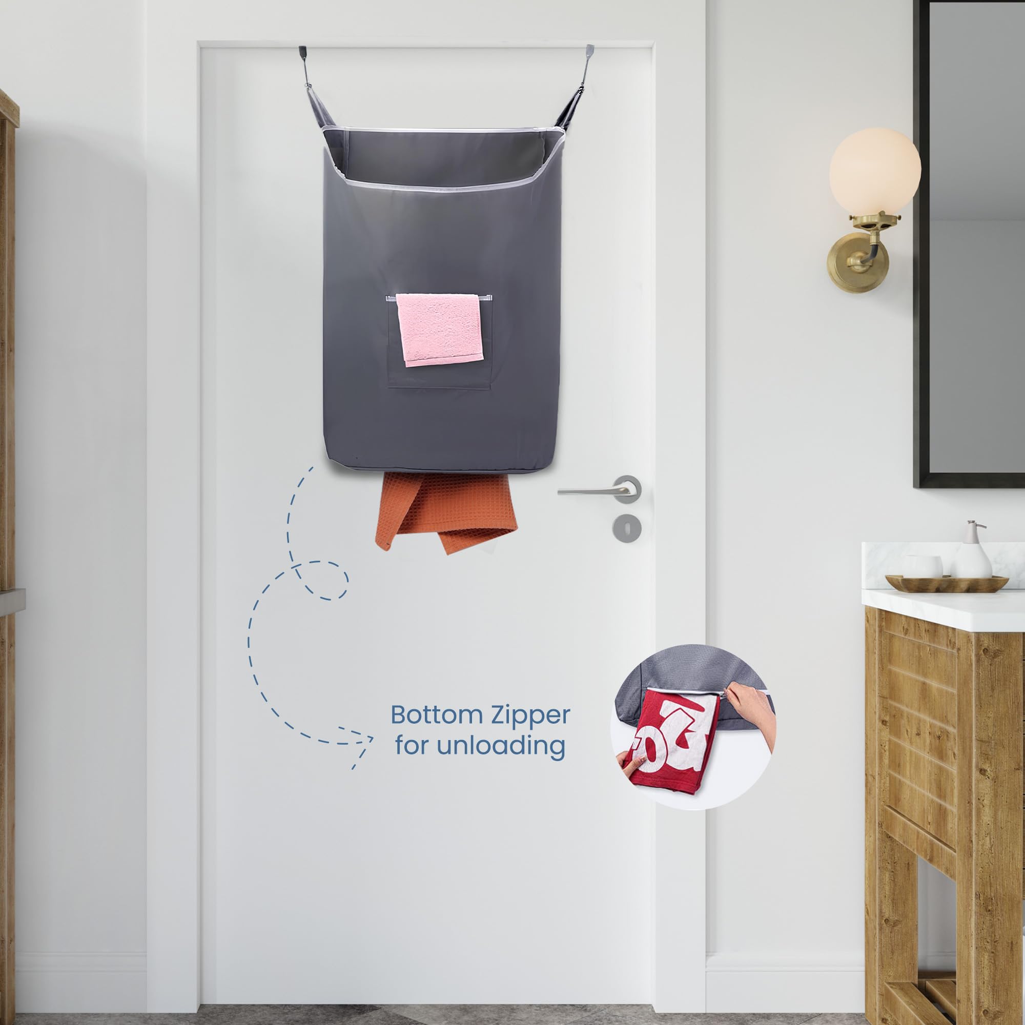 Fine Living Wäschekorb zum Aufhängen mit 2 Hakenarten, langlebiger, großer, maschinenwaschbarer Wäschekorb zum Aufhängen (Grau-L)