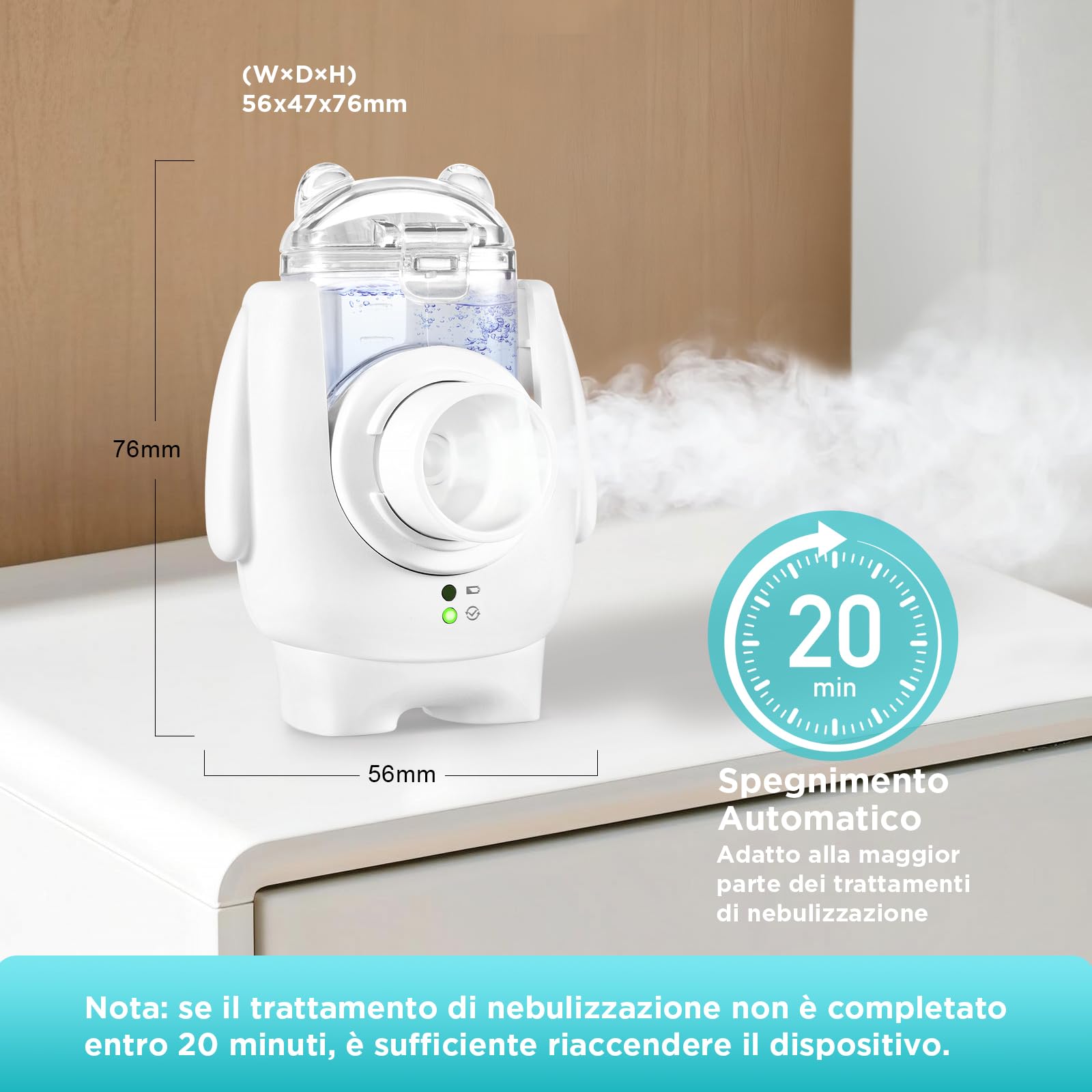 Aerosol Portatile Silenzioso per Adulti e Bambini, Macchina Aerosol Ultrasuoni con Pulizia Automatica, Nebbia Fine 1–5 µm, USB-C Ricaricabile, Kit con 2 Maschere e Boccaglio, Ideale per Casa e Viaggio