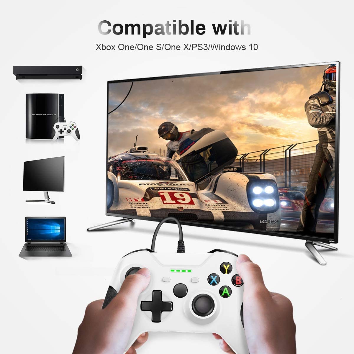 Manette filaire pour Xbox One, double vibration USB, manette de jeu filaire Xbox One, compatible avec Xbox One/S/X/PC, Windows 7/8/10, avec prise jack audio 3,5 mm (Blanc)