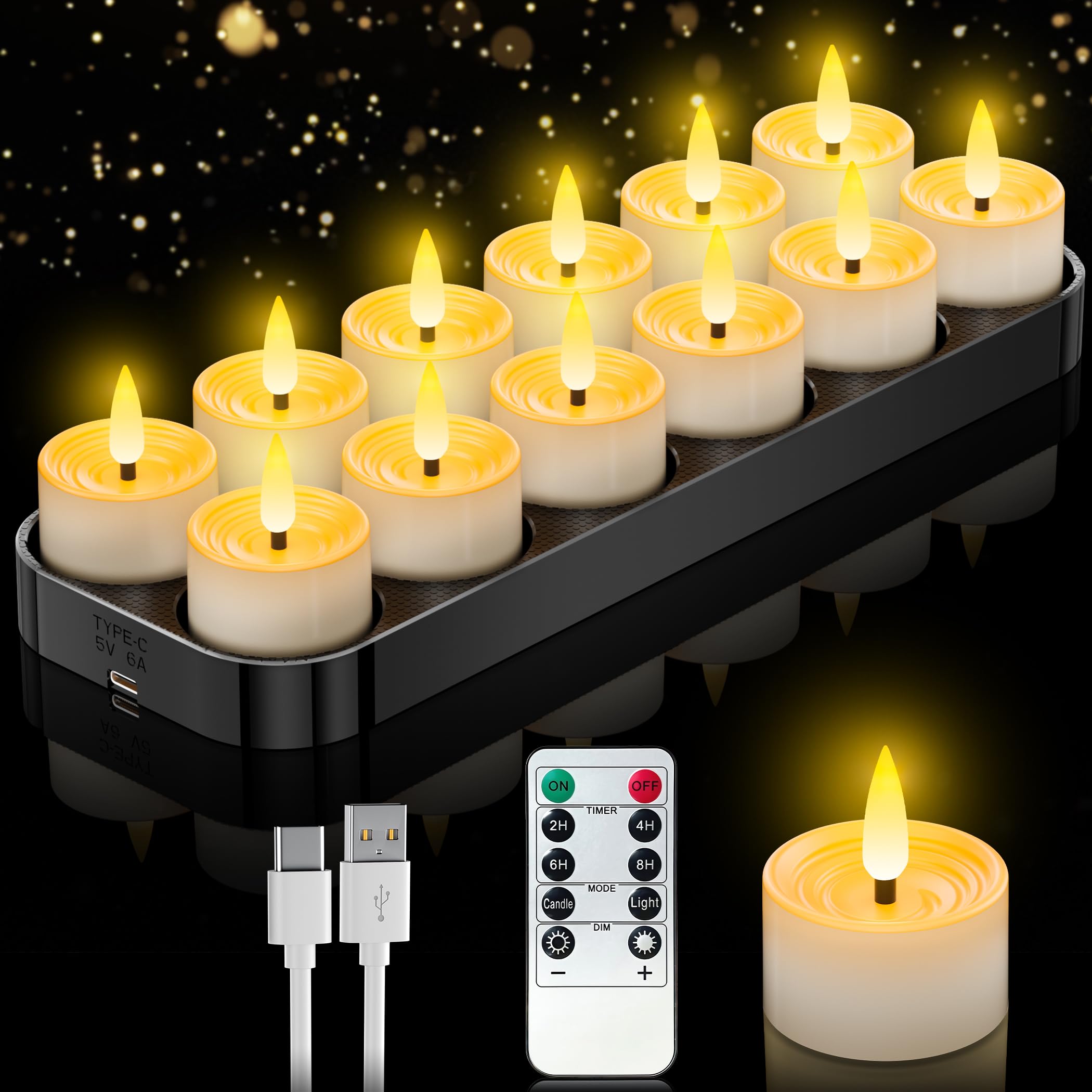 Aufladbare Led Teelichter mit Timerfunktion, 12er Wiederaufladbare LED Teelichter Kerzen Flackernde Flamme mit Fernbedienung und Ladestation für Wohnzimmer Partys Halloween und Weihnachten Deko