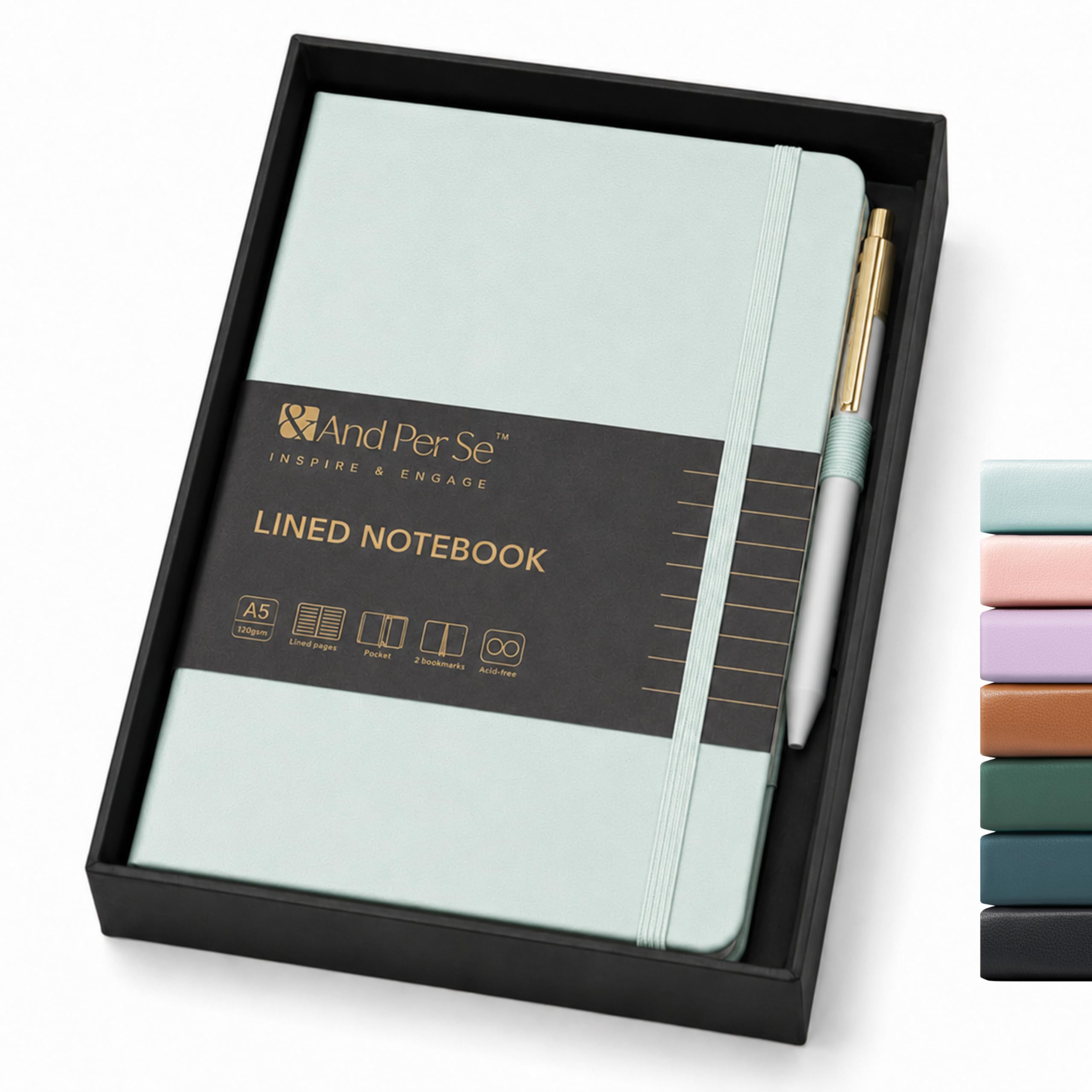 &And Per Se Lined Journal with Pen Set, A5 Leather Hardcover Notebook and Pen, 160 Pages 100GSM Thick Ruled Paper Journal for Writing (Cyan)
