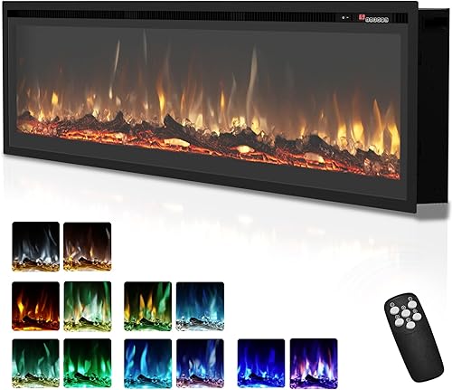 Miniatura 13 de EUHOMY - Chimenea eléctrica de 60 pulgadas empotrada en la pared con control remoto, calentador de chimenea con color de llama ajustable, chimenea