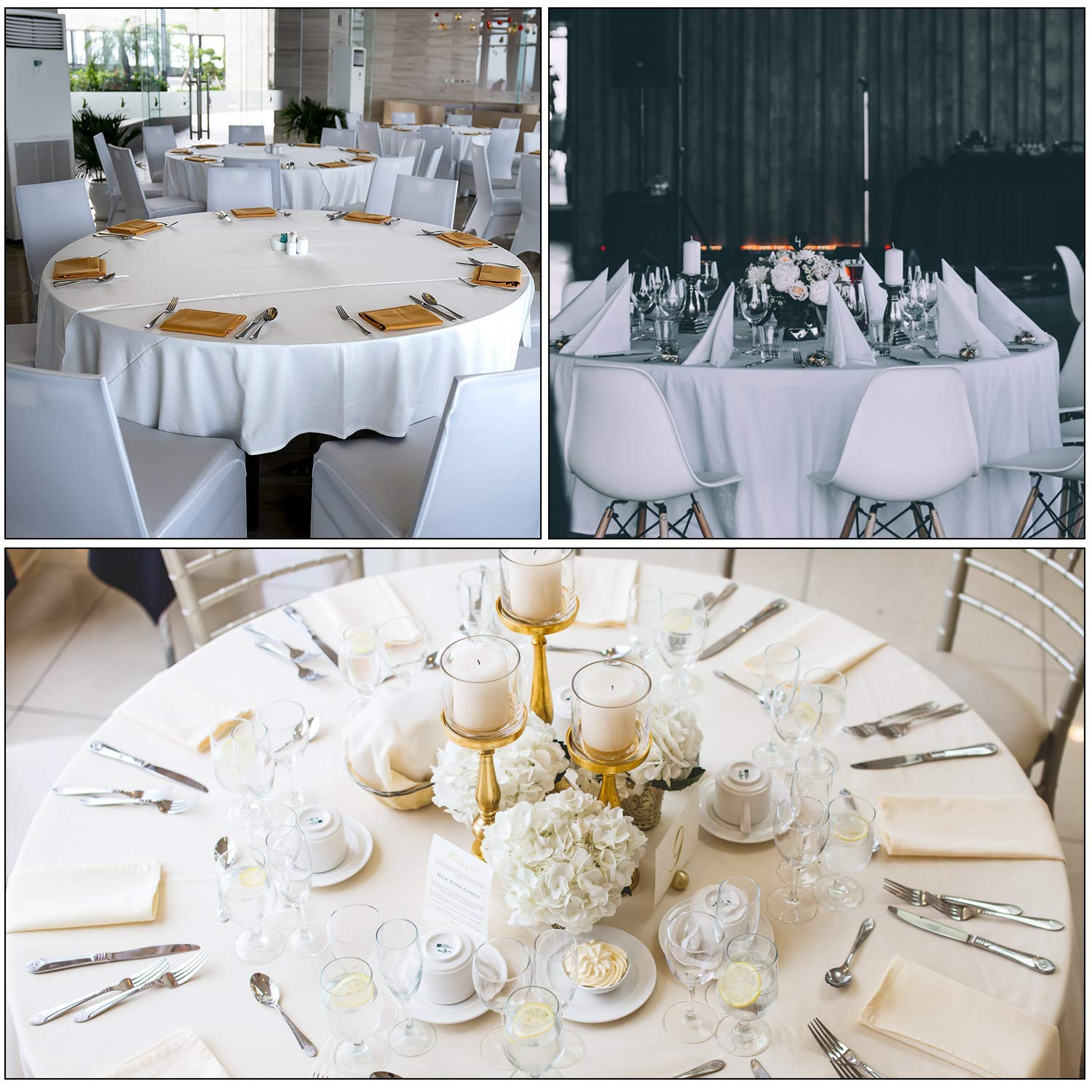 Weddecor Okrągły obrus adamaszkowy z nakładką wzór z gałązką wirującą, bezszwowy okrągły lniany obrus na stół, impreza, zmywalny obrus do restauracji, jadalni, kolacji przy świecach, biały, 3 szt