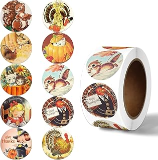 GREHUMOR 500 Pieces Vintage Thanksgiving Stickers Roll Turkey Happy Thanksgiving Stickers for Holiday Thanksgiving Party Favors Supplies Thanksgiving Stickers for Cards, Envelopes, Gifts