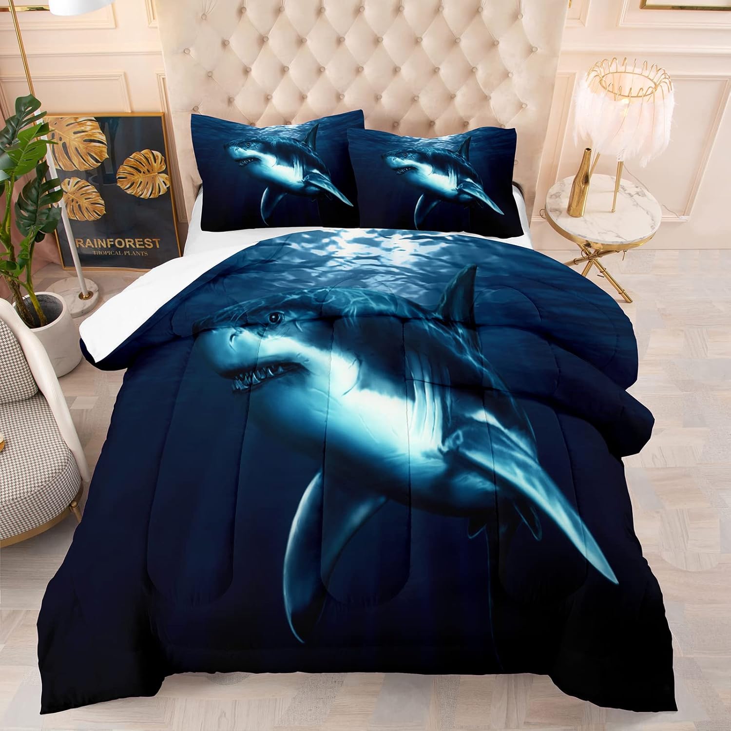 NINENINE Boys Blue Shark Queen Size Bedding Sets for Teens Kids, Navy Blue Comforter Set Fish Ocean Bed Set-Includes 1 Comforter with Matching Pillowcases