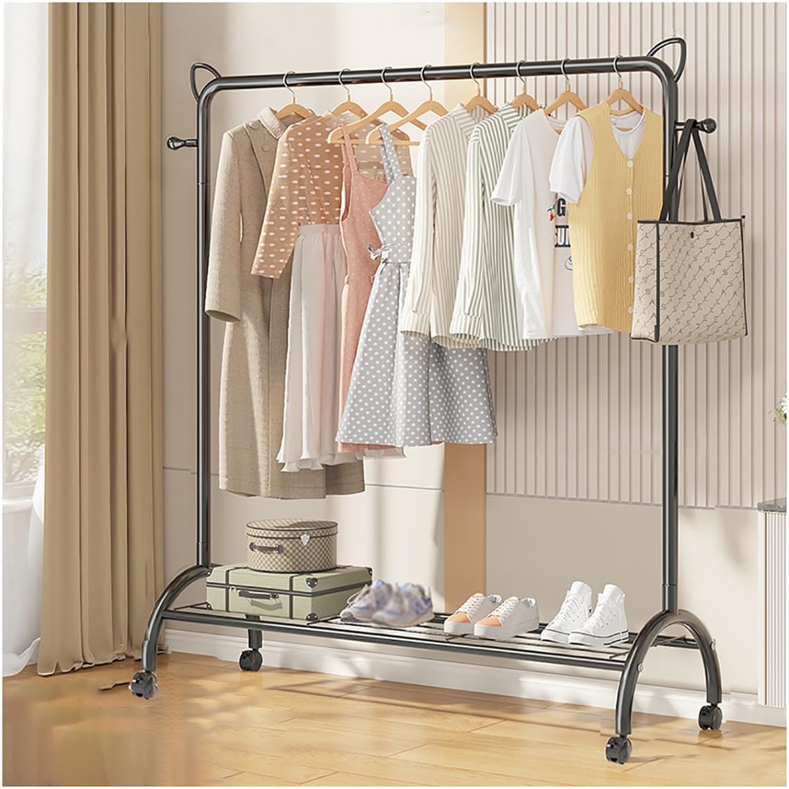 MYUYEE Clothes Rack On Wheels Metal Coat Rack Freestanding For Home Bedroom With 2 Hooks And Open Shelves, Easy To Assemble(120Cm Schwarz-Schwarz)