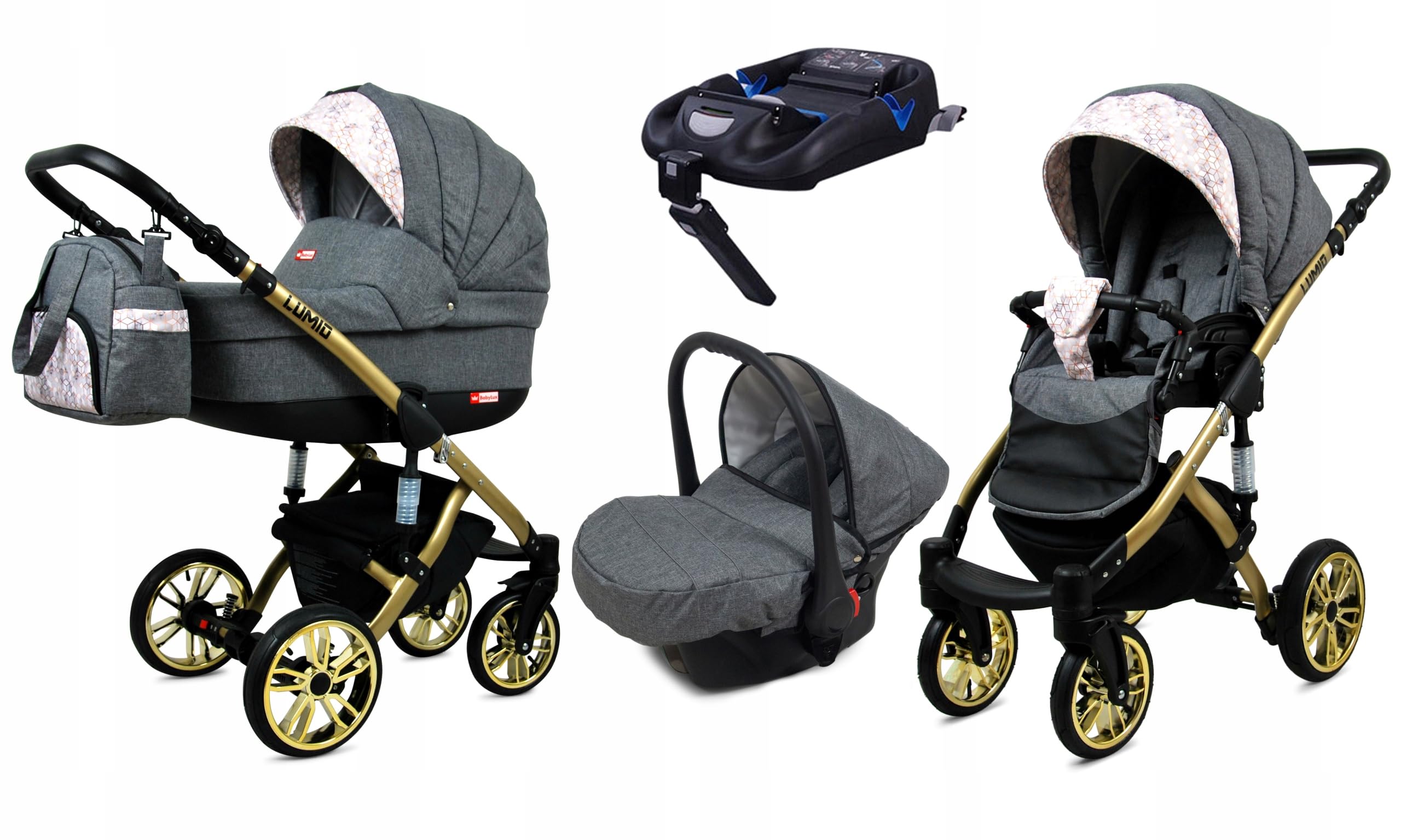 BabyLux® Zestaw wózków dziecięcych 4 w 1 – Lumio – w zestawie wanienka dla niemowląt, fotelik sportowy, fotelik samochodowy, stacja bazowa ISOFIX – fotelik samochodowy – zestaw wózków dziecięcych