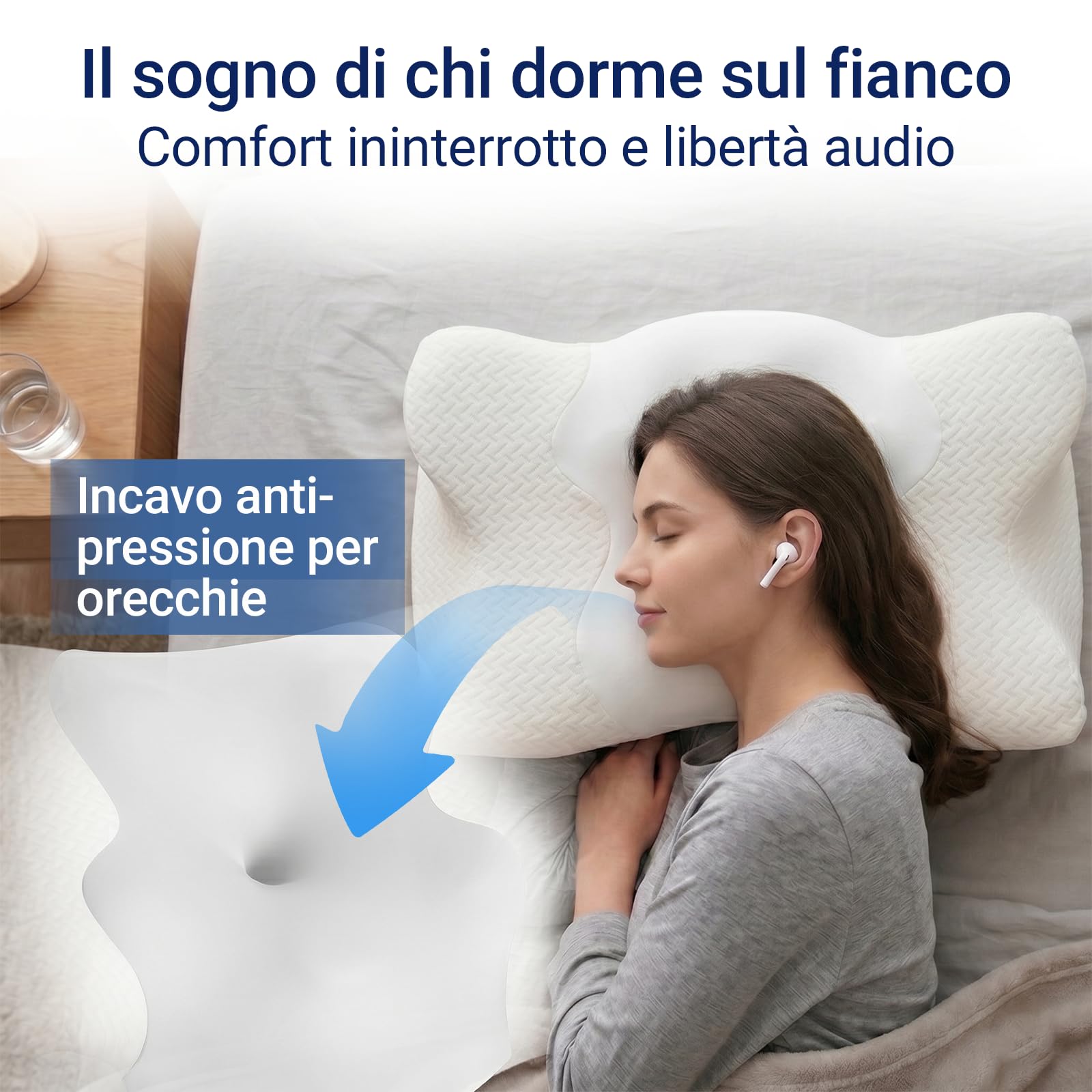 COSYLAND Cuscino cervicale ergonomico 2 in 1 in memory foam, cuscino cervicale ortopedico per dormire, schiena, fianchi e pancia, 60 x 40 x 11/14 cm