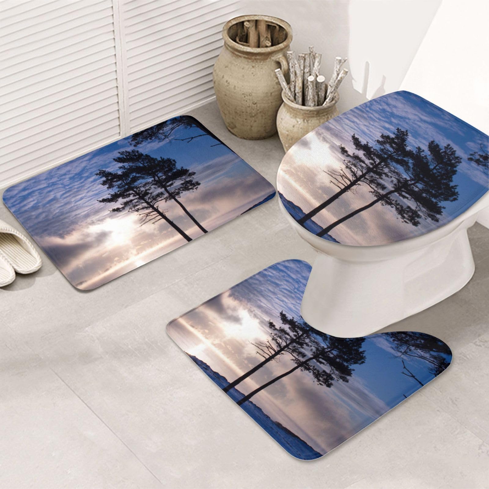 Tapis de bain antidérapants VACSAX et contour WC en microfibre silhouette crépuscule lot de 3
