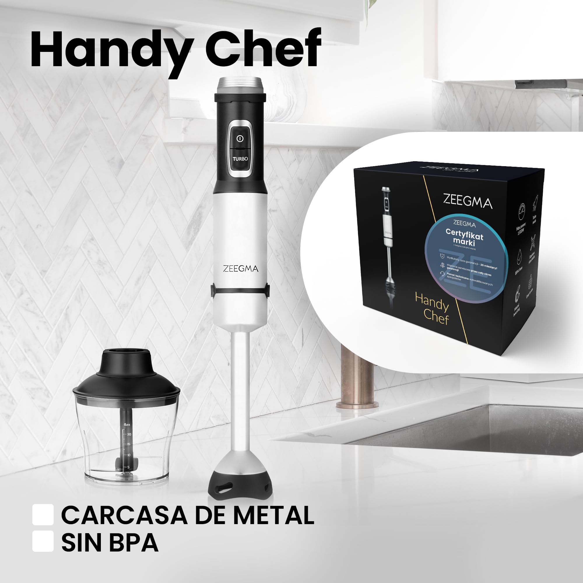 ZEEGMA Batidora de mano Handy Chef 5 en 1 multifuncional de 1500 W, juego de boquillas: batidora, gancho para mezclar, procesador de alimentos de 0,6 l, recipiente de 0,8 l, modo turbo