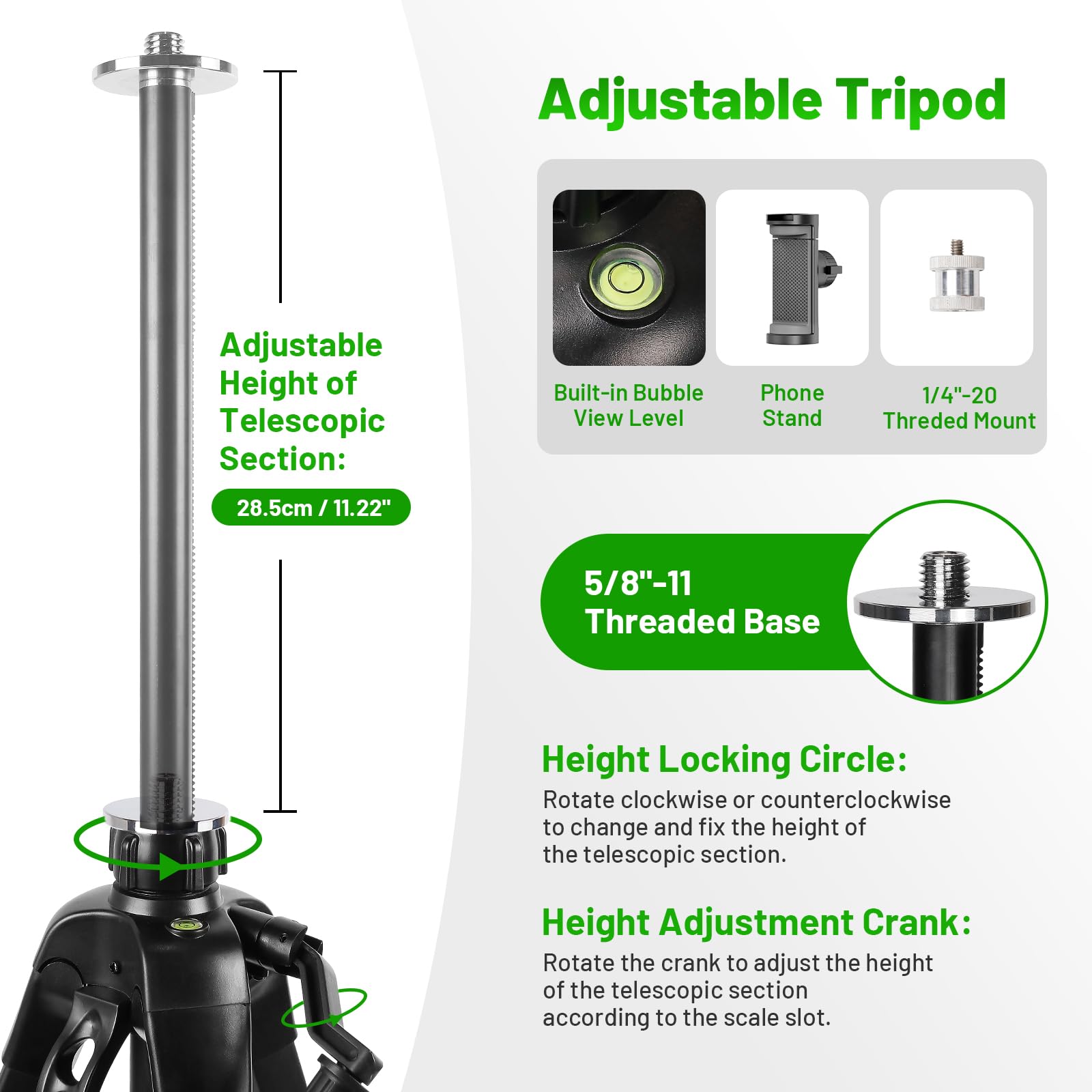 Huepar Treppiede in Alluminio per Livelli Laser a Punto–Testa Piatta, Impugnatura con Livella a Bolla, Filetto 5/8"-11 + Adattatore 1/4"-20, Supporto per phone Incluso, Borsa da Trasporto – TPD16A1