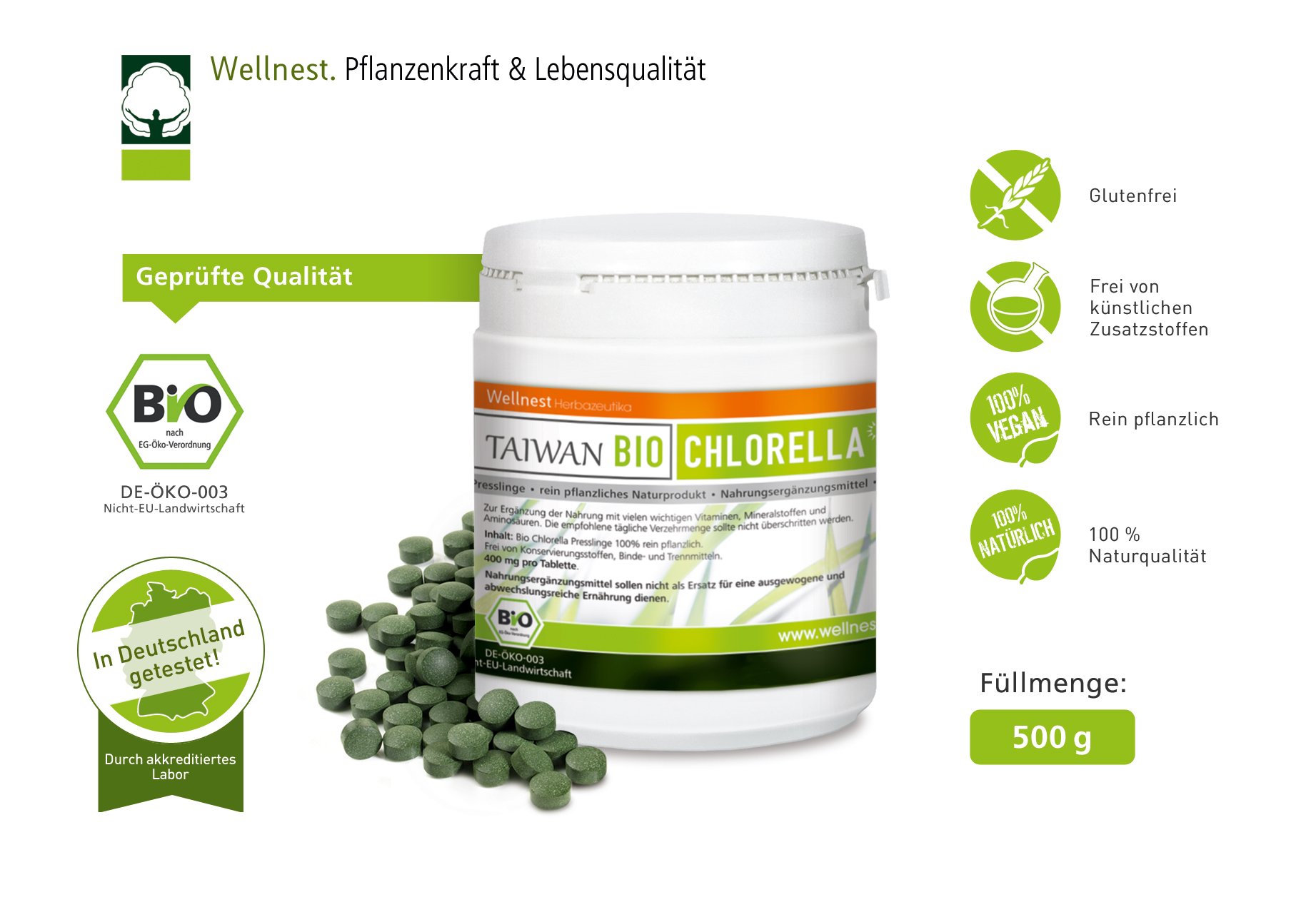 Bio Taiwan Chlorella 500 g | Detox Superfood vegan | Algen reich an Mineralstoffen, Vitaminen und Spurenelementen | 1.250 Presslinge á 400 mg | Rückstandsgeprüft in deutschem Labor