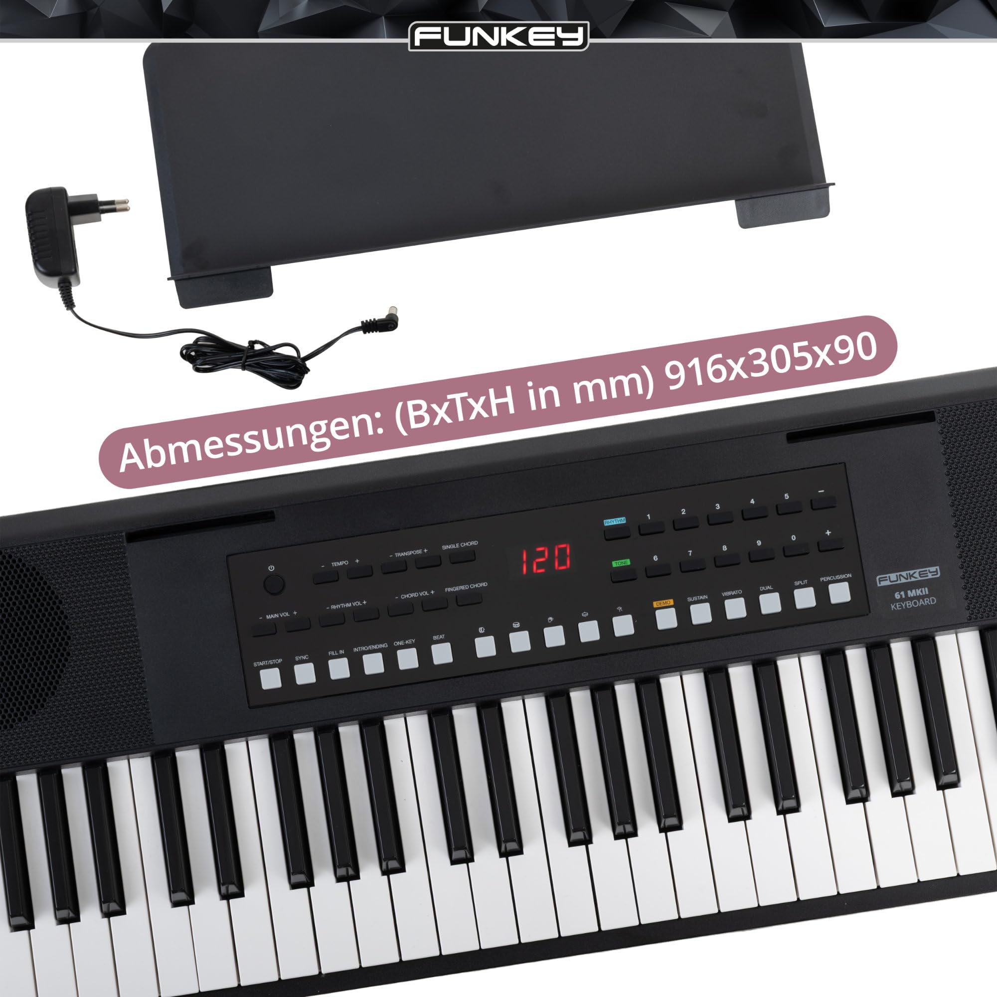 FunKey 61 MKII Keyboard Set mit 61 Tasten - 300 Sounds 300 Rhythmen 80 Demo Songs USB to Host Lernfunktion Metronom Kopfhöreranschluss inkl Ständer Bank Netzteil - Schwarz