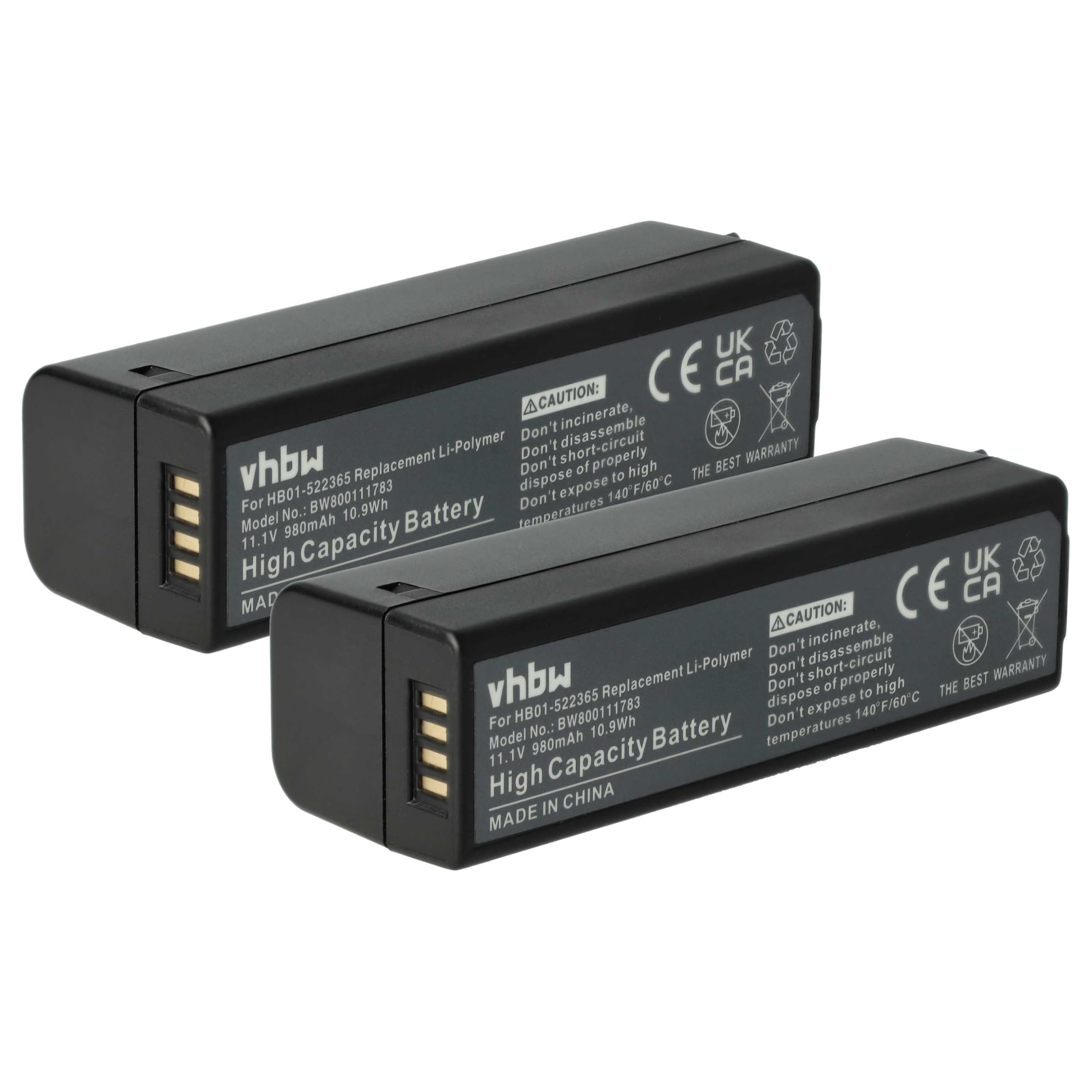 vhbw 2X Batterie Remplacement pour DJI HB01 | HB01-522365 pour appareil photo (980mAh, 11,1V, Li-polymère)